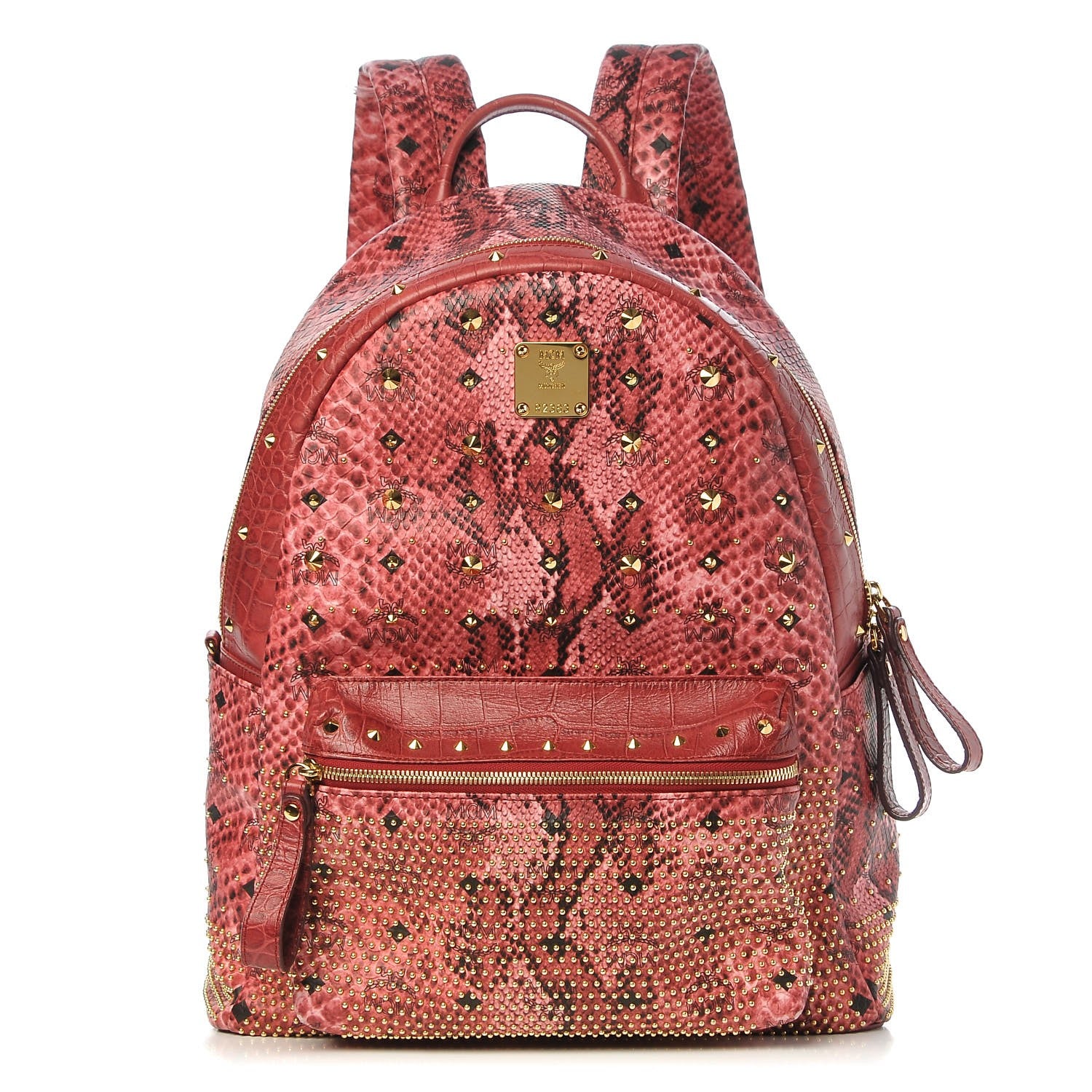 MCM Snakeskin Embossed Visetos Studded Medium Stark Backpack Red Pink 1 of 11