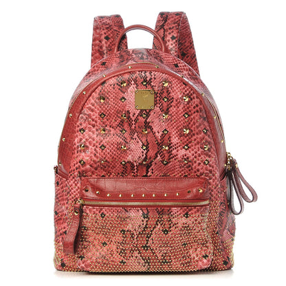 MCM Snakeskin Embossed Visetos Studded Medium Stark Backpack Red Pink 1 of 11