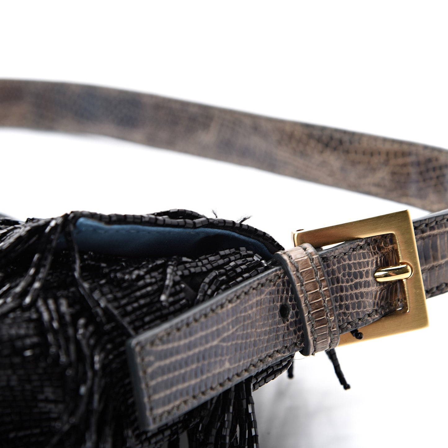 Lizard Beaded Fringe Baguette Black