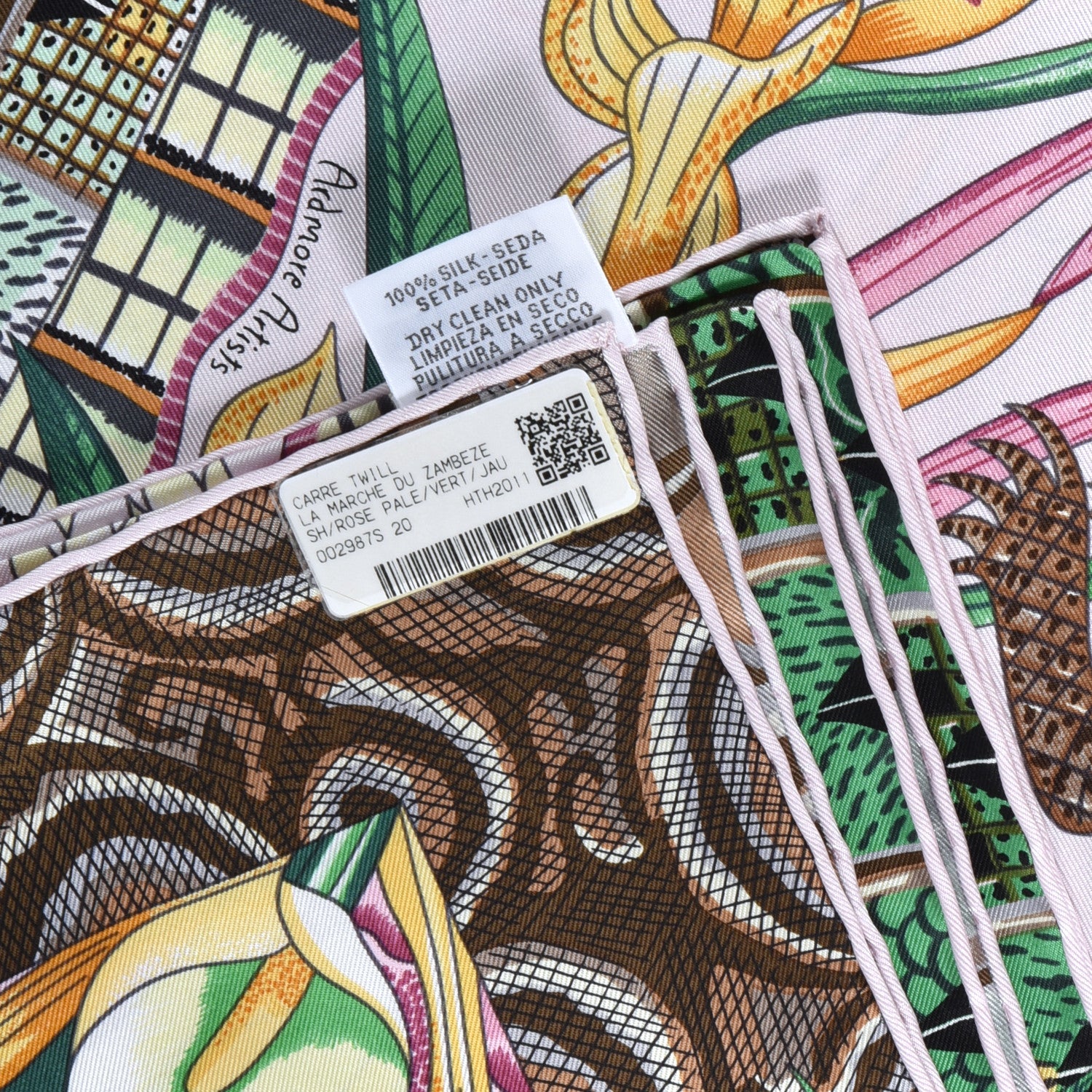 Hermes Silk La Marche Du Zambeze Scarf 90 Rose Pale Vert Jaune 4 of 4