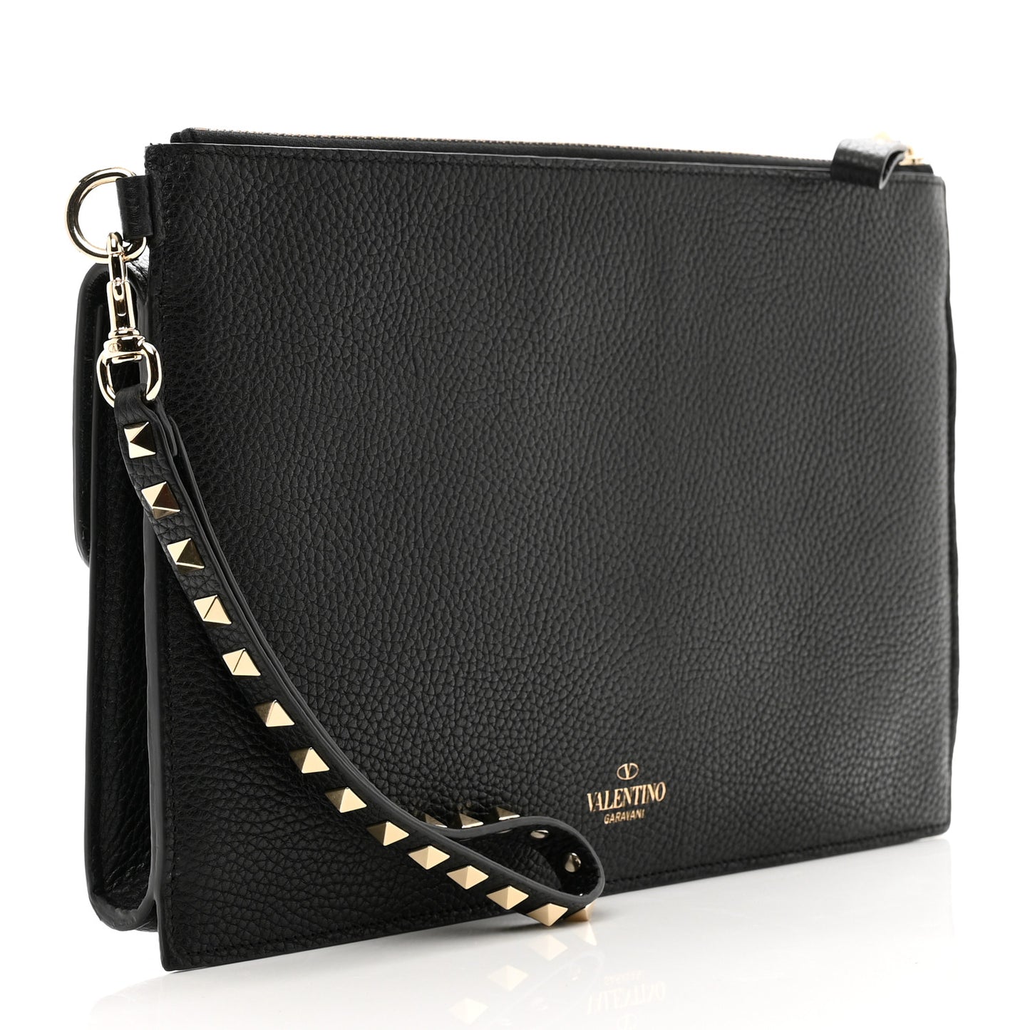 Pebbled Calfskin Large Rockstud Wristlet Clutch Black