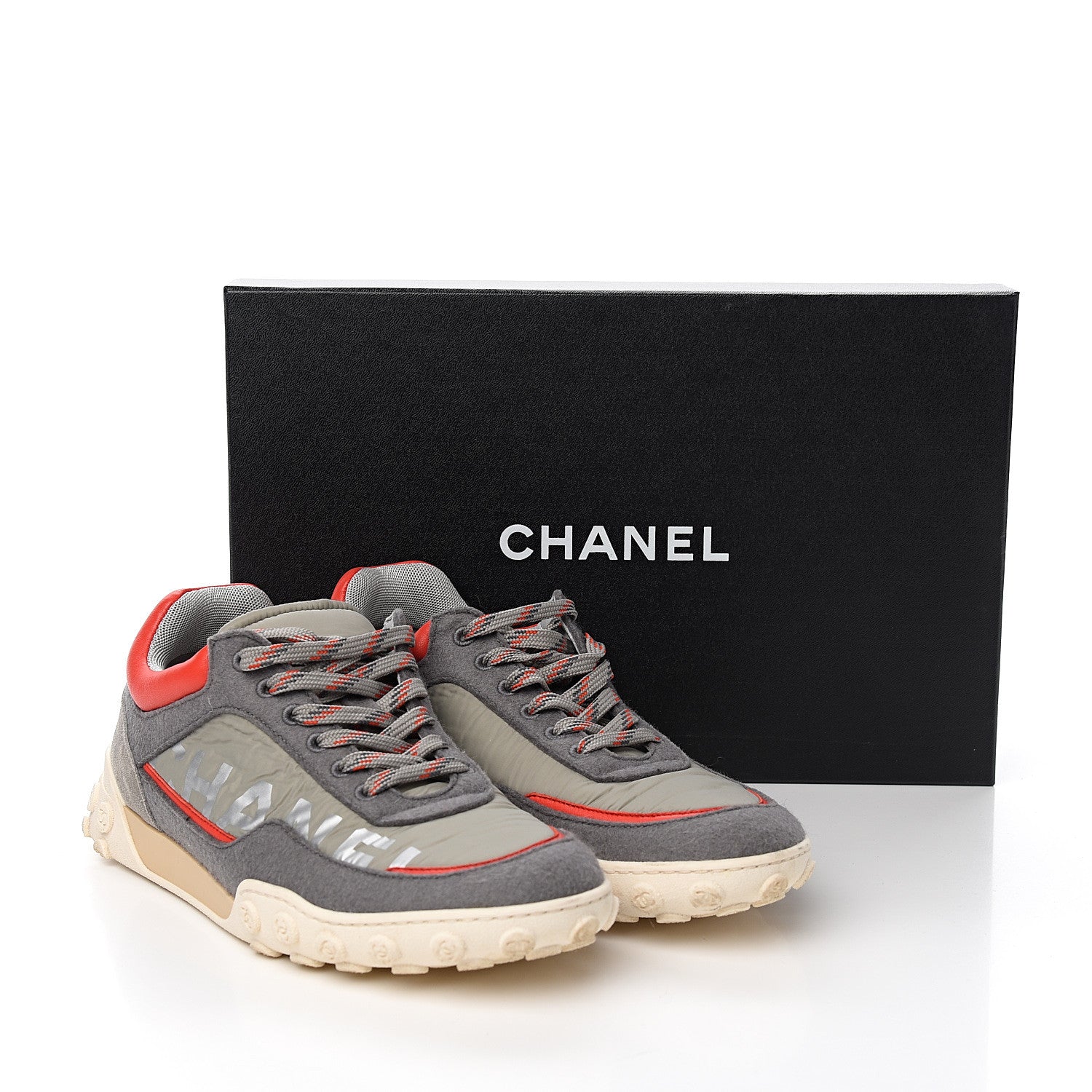 Chanel Nylon Calfskin Suede Womens CC Sneakers 39 Grey Red 9 of 9