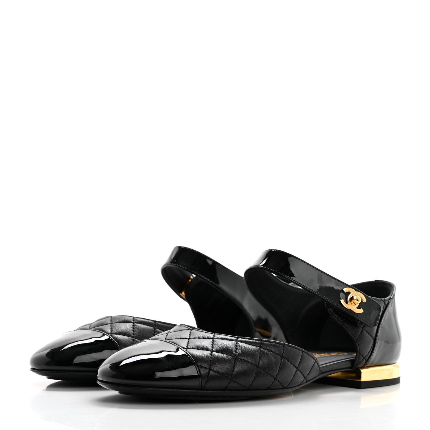 Patent Lambskin Quilted Cap Toe Ballerina Flats 38 Black