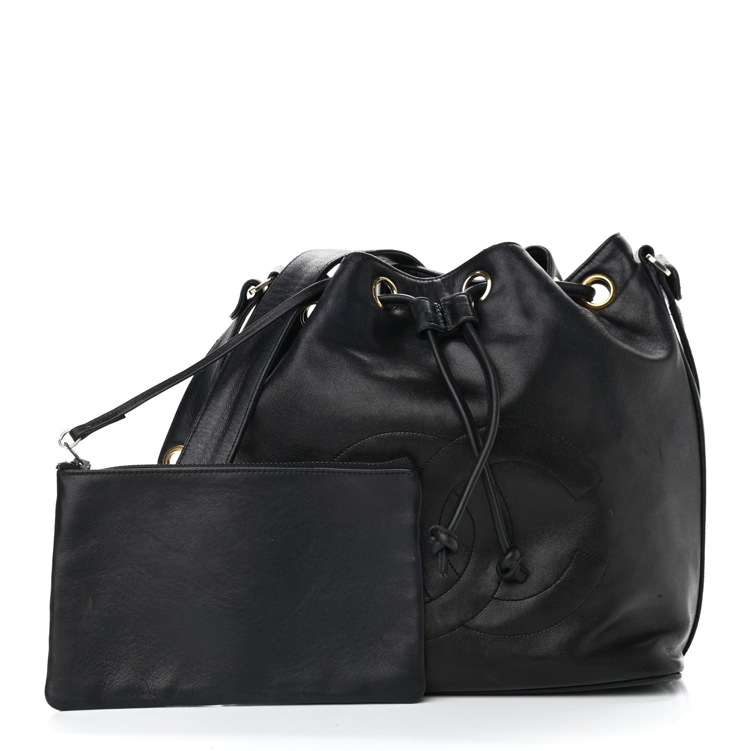Chanel Lambskin CC Stitched Drawstring Bucket Bag Black 3 of 13