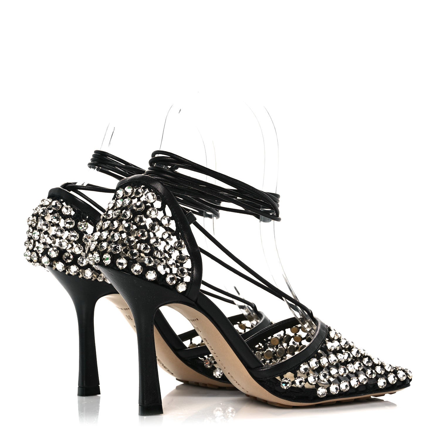 Bottega Veneta Mesh Nappa Crystal Embellished Sparkle Stretch Ankle Tie Sandals 36 Black 4 of 9