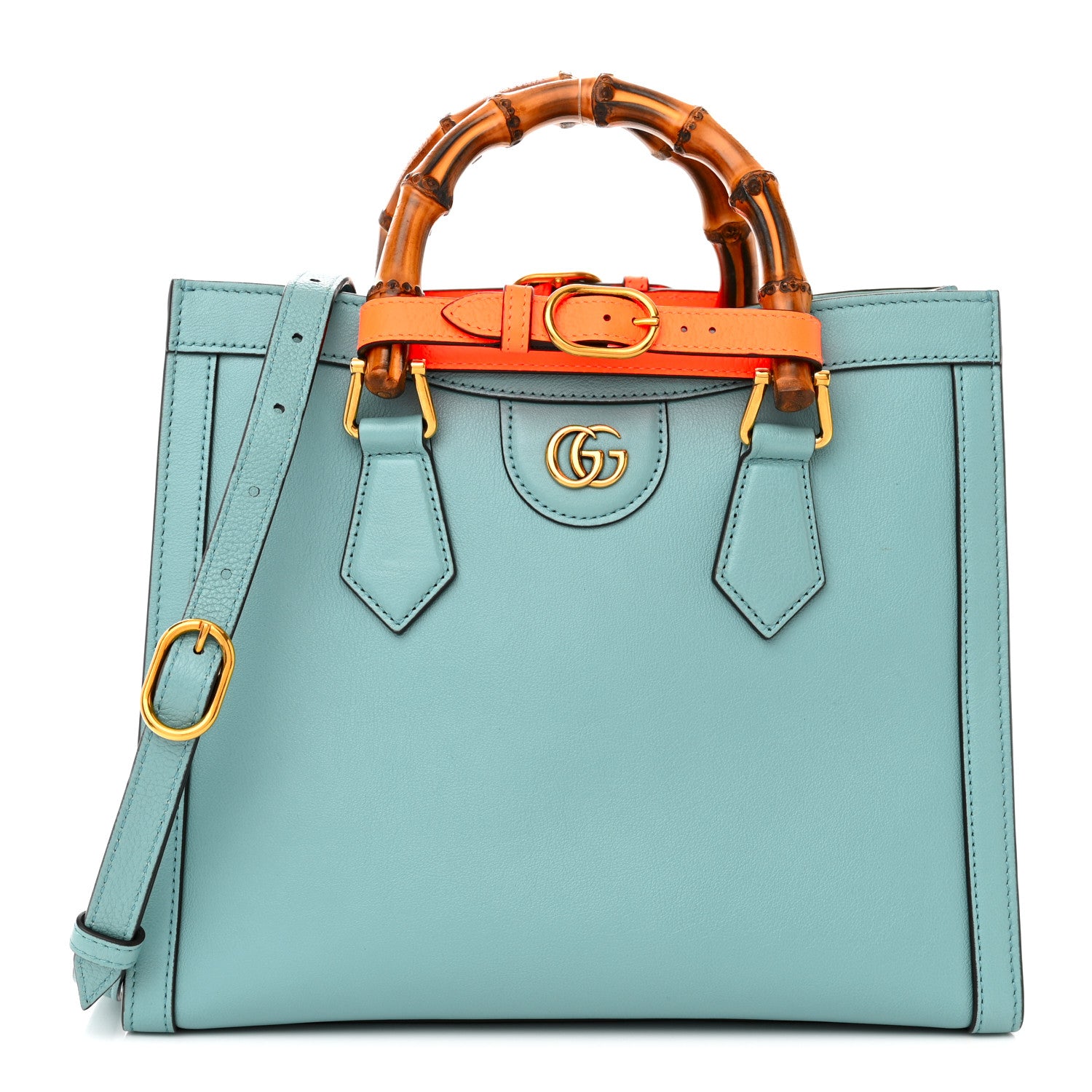 Gucci Wonka Grain Calfskin Small Diana Tote Bag Dusty Azure Orange Fluo 1 of 10