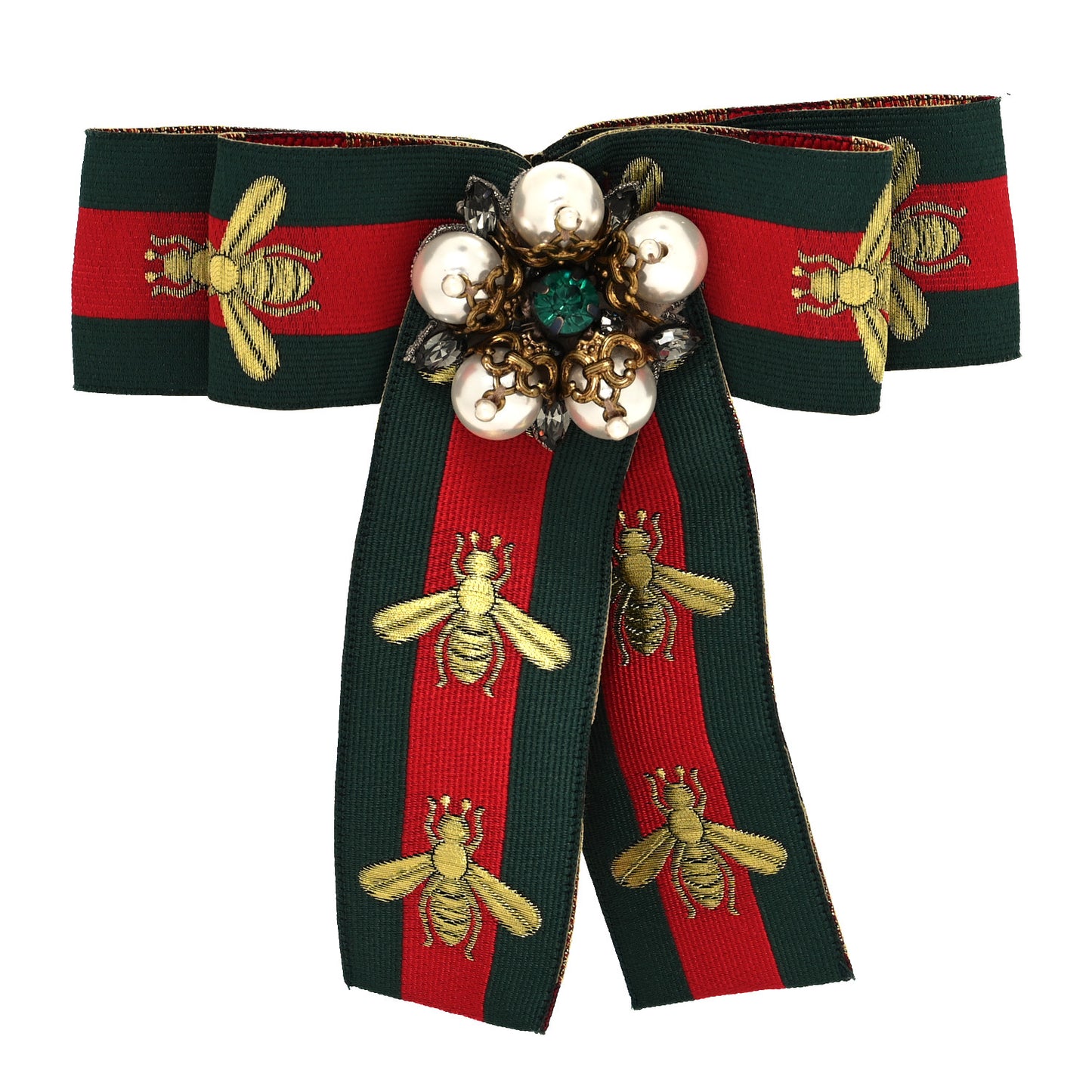 Ribbon Web Bow Bee Pearl Brooch Red Green
