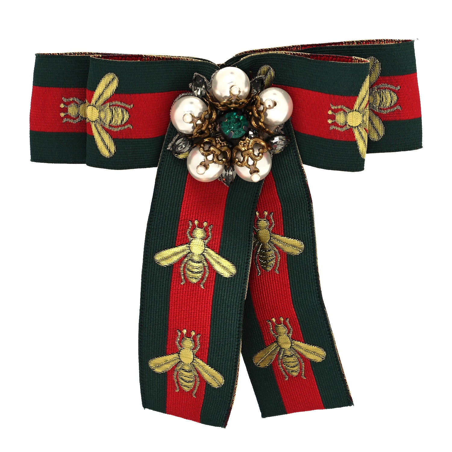 Gucci Ribbon Web Bow Bee Pearl Brooch Red Green 1 of 4