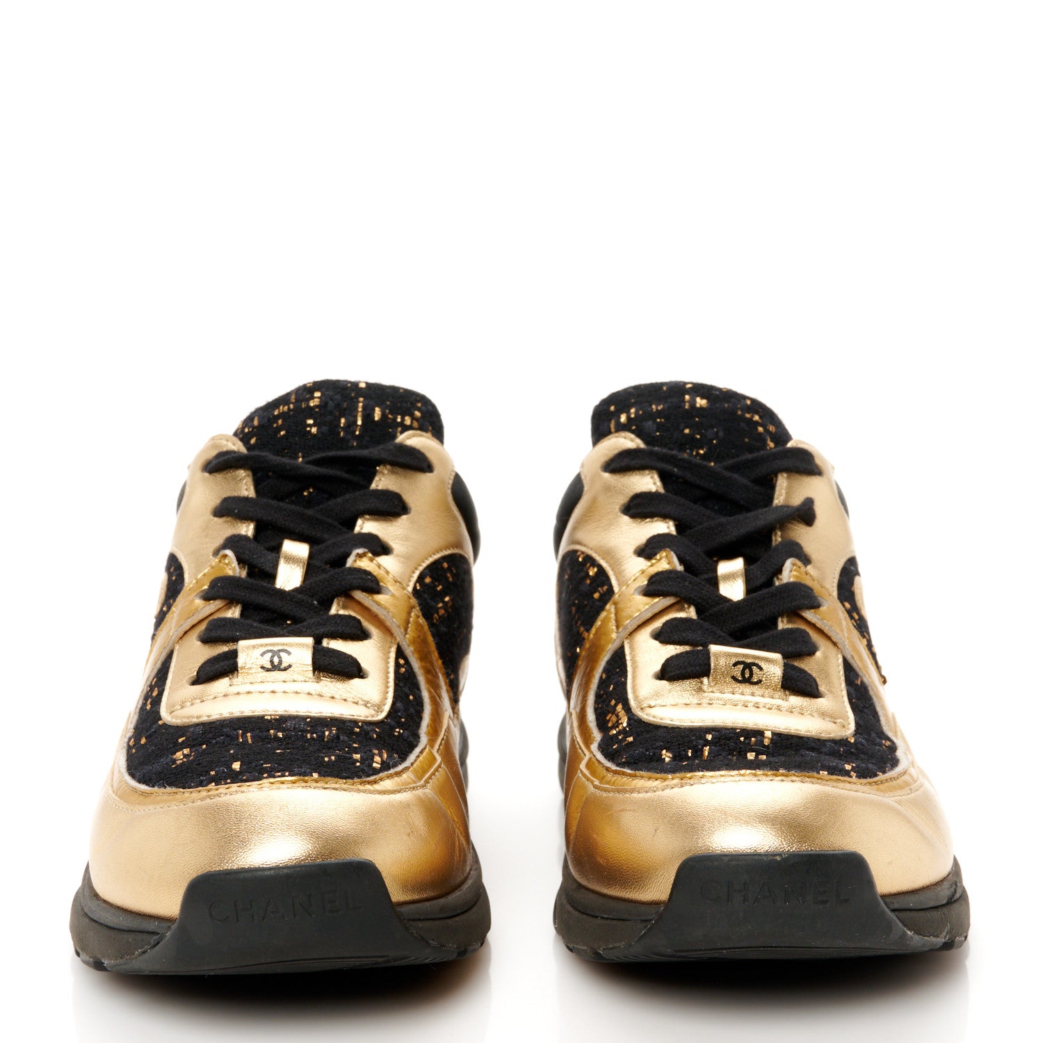 Chanel Satin Lambskin Fabric Tweed CC Sneakers 40 Gold Black 3 of 9