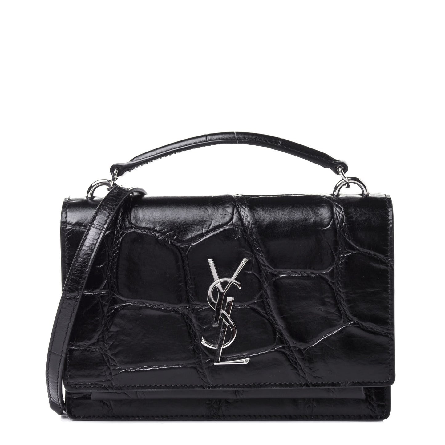 Calfskin Crocodile Embossed Monogram Sunset Top Handle Chain Wallet Black