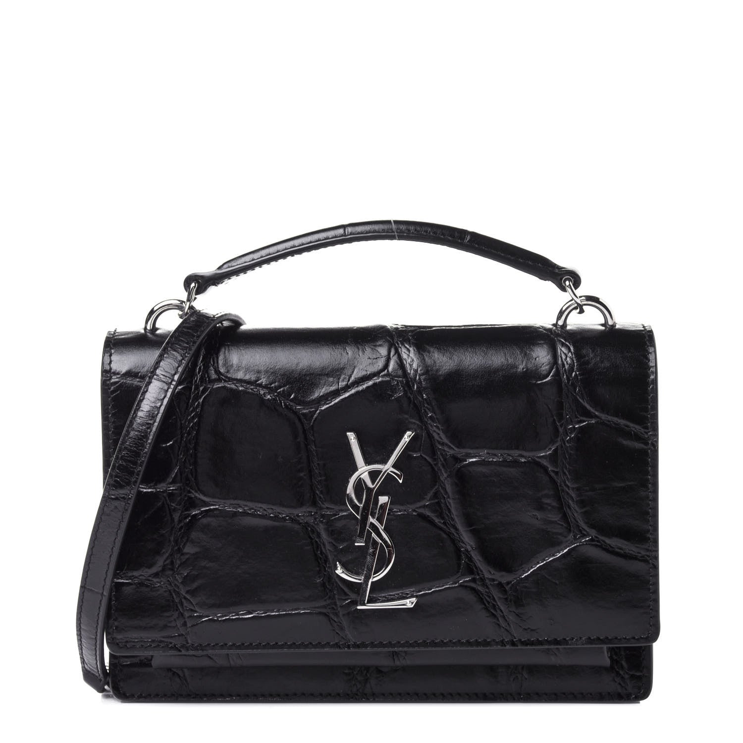 Saint Laurent Calfskin Crocodile Embossed Monogram Sunset Top Handle Chain Wallet Black 1 of 5