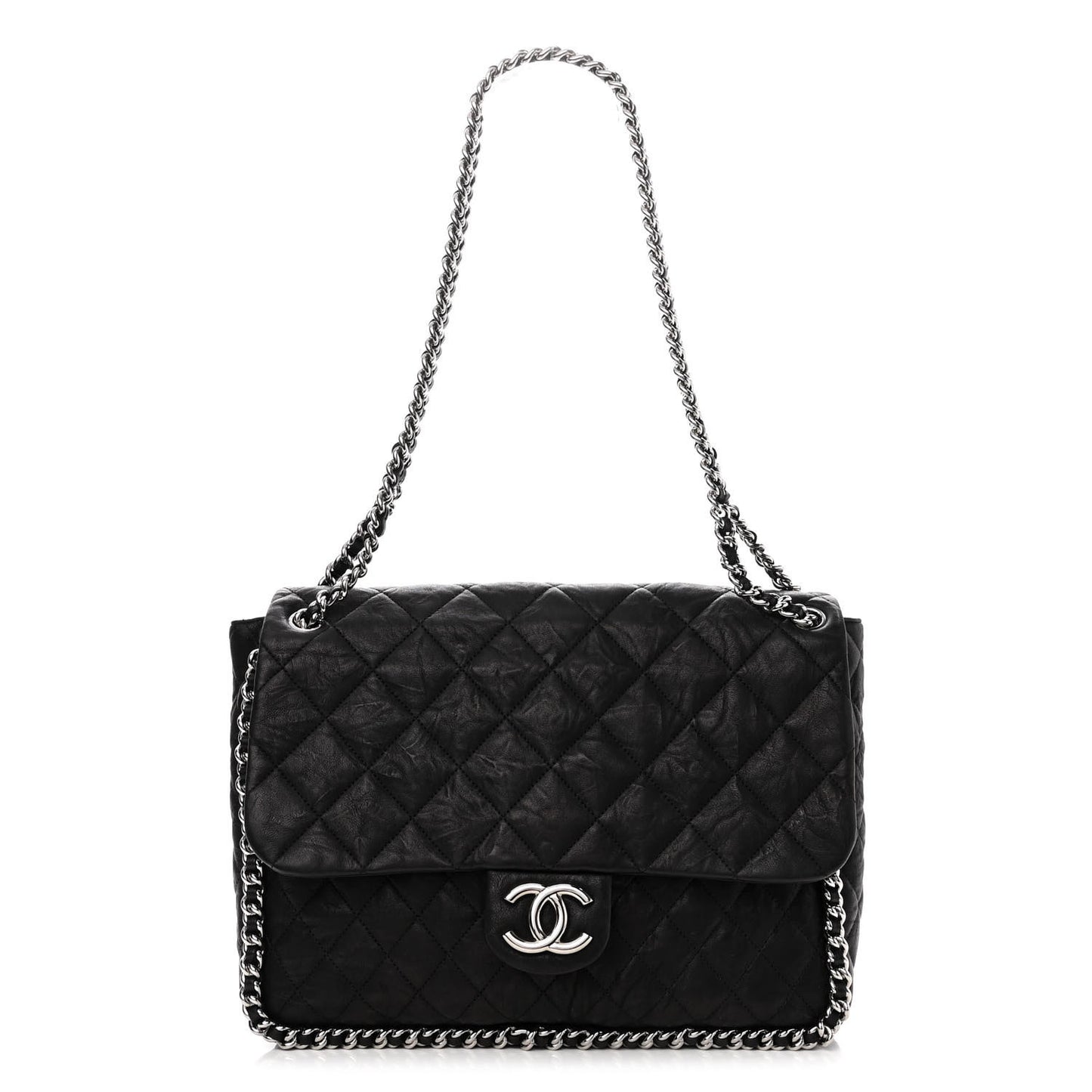 Washed Lambskin Quilted Maxi Chain Around Flap Black