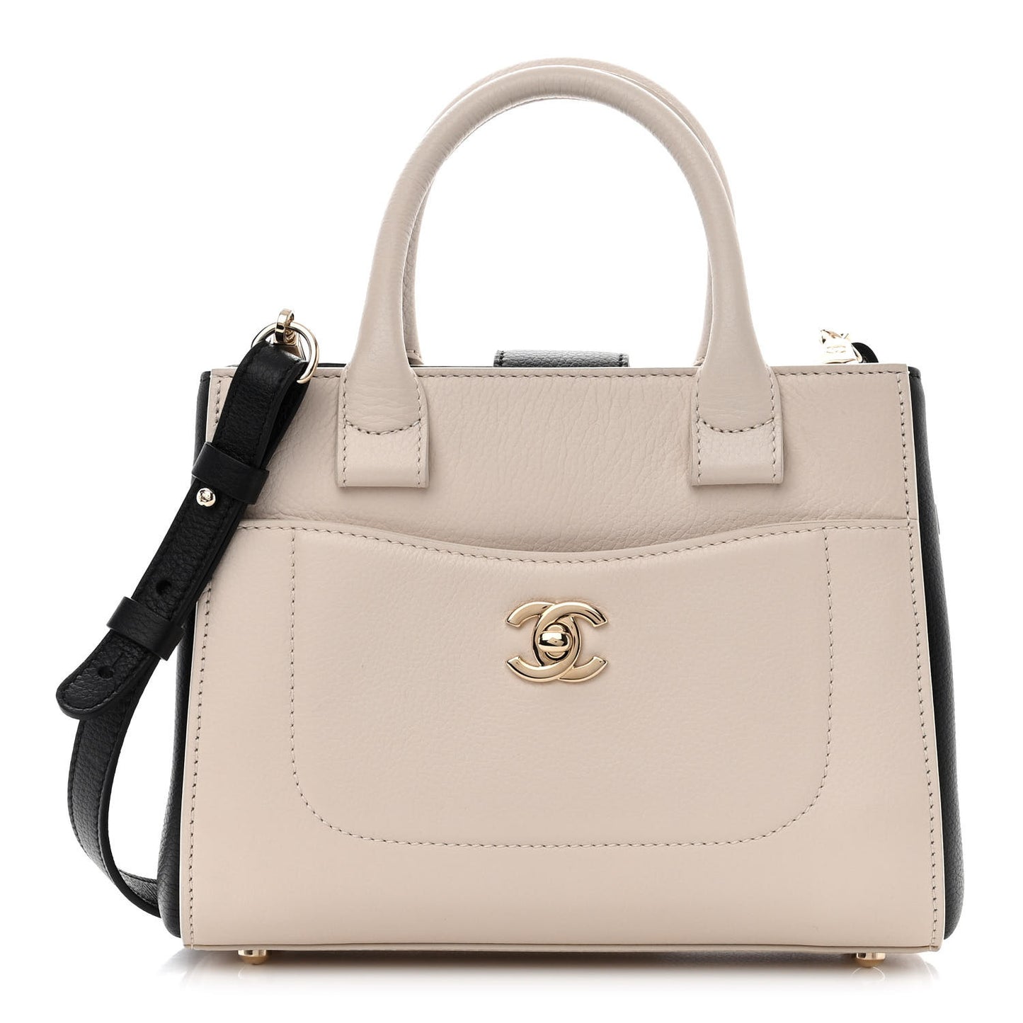 Grained Calfskin Mini Bi-Color Neo Executive Shopper Tote Beige Black