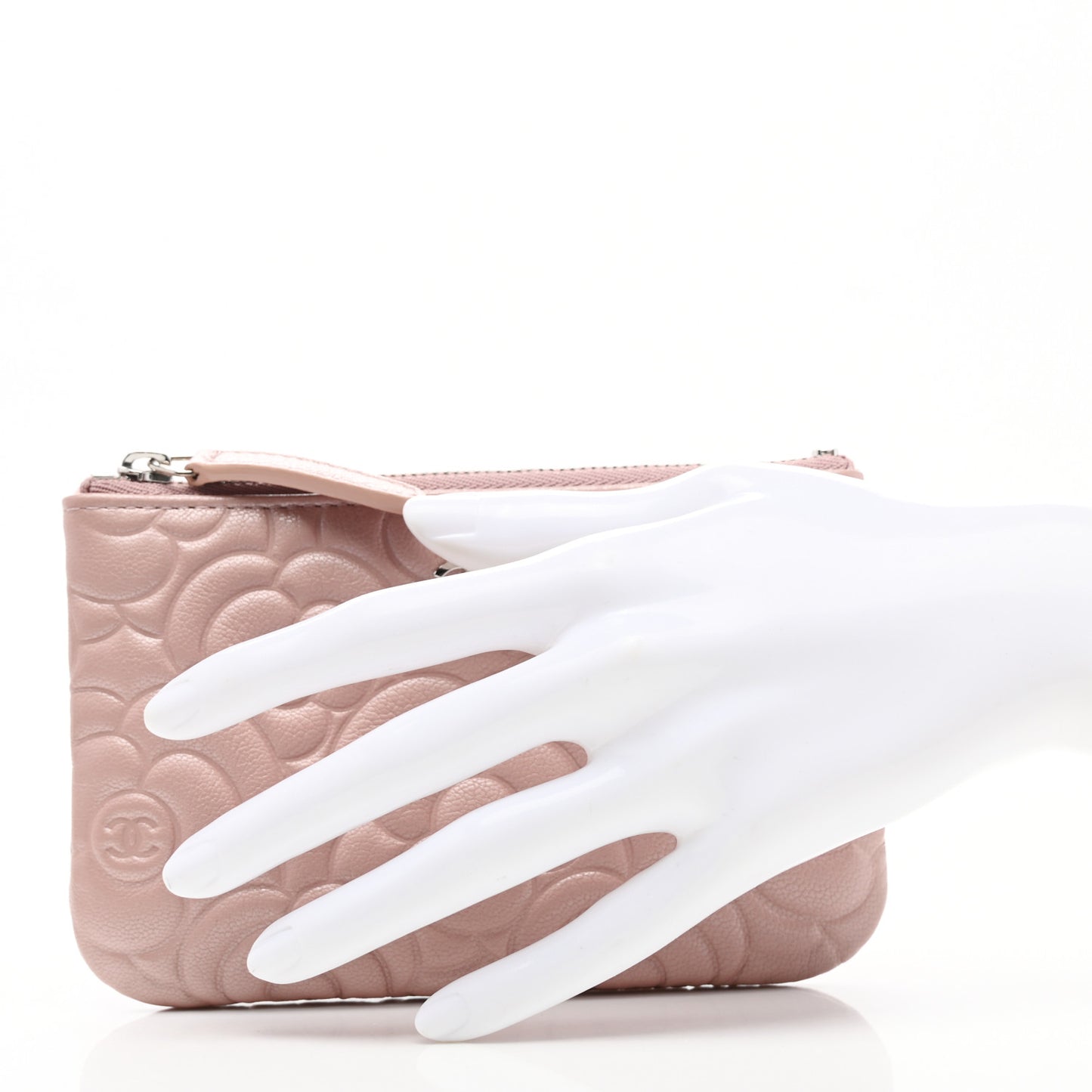 Goatskin Camellia Embossed Cosmetic Pouch Light Pink