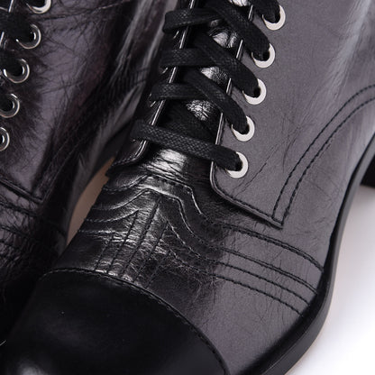 Chanel Metallic Calfskin CC Lace Up Boots 38.5 Silver Black 11 of 12