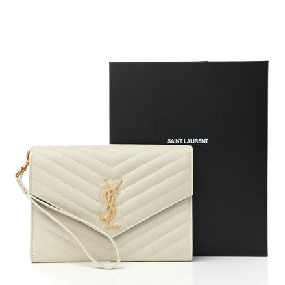 Saint Laurent Grain De Poudre Matelasse Chevron Monogram Envelope Clutch Crema Soft 11 of 11
