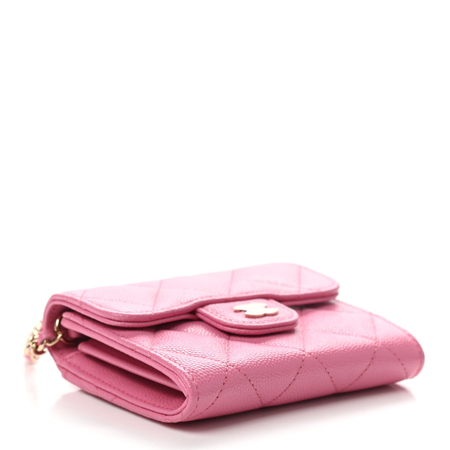 Caviar Quilted Flap Card Holder On Chain Pink