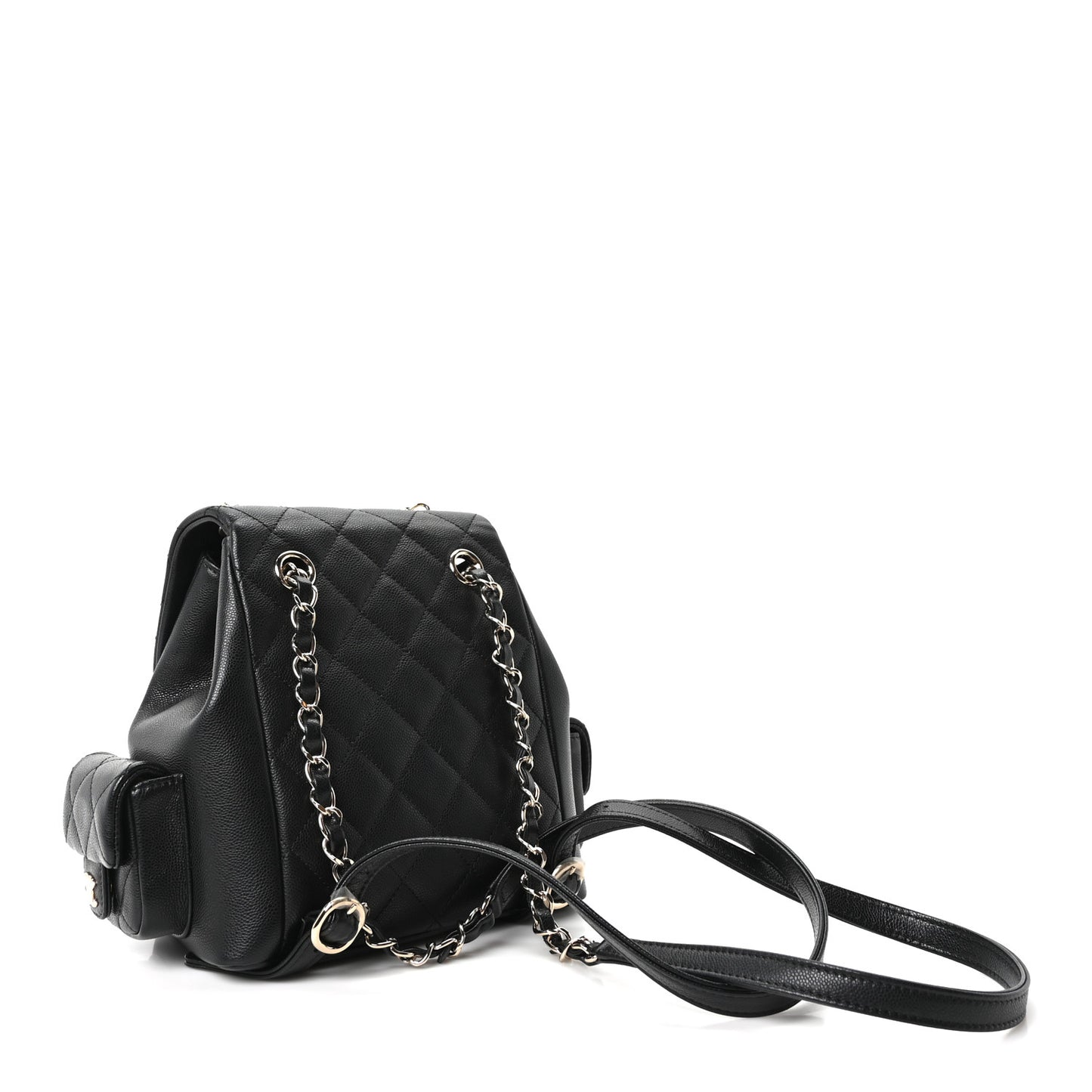 Shiny Caviar Quilted Small Pockets Drawstring Backpack Black