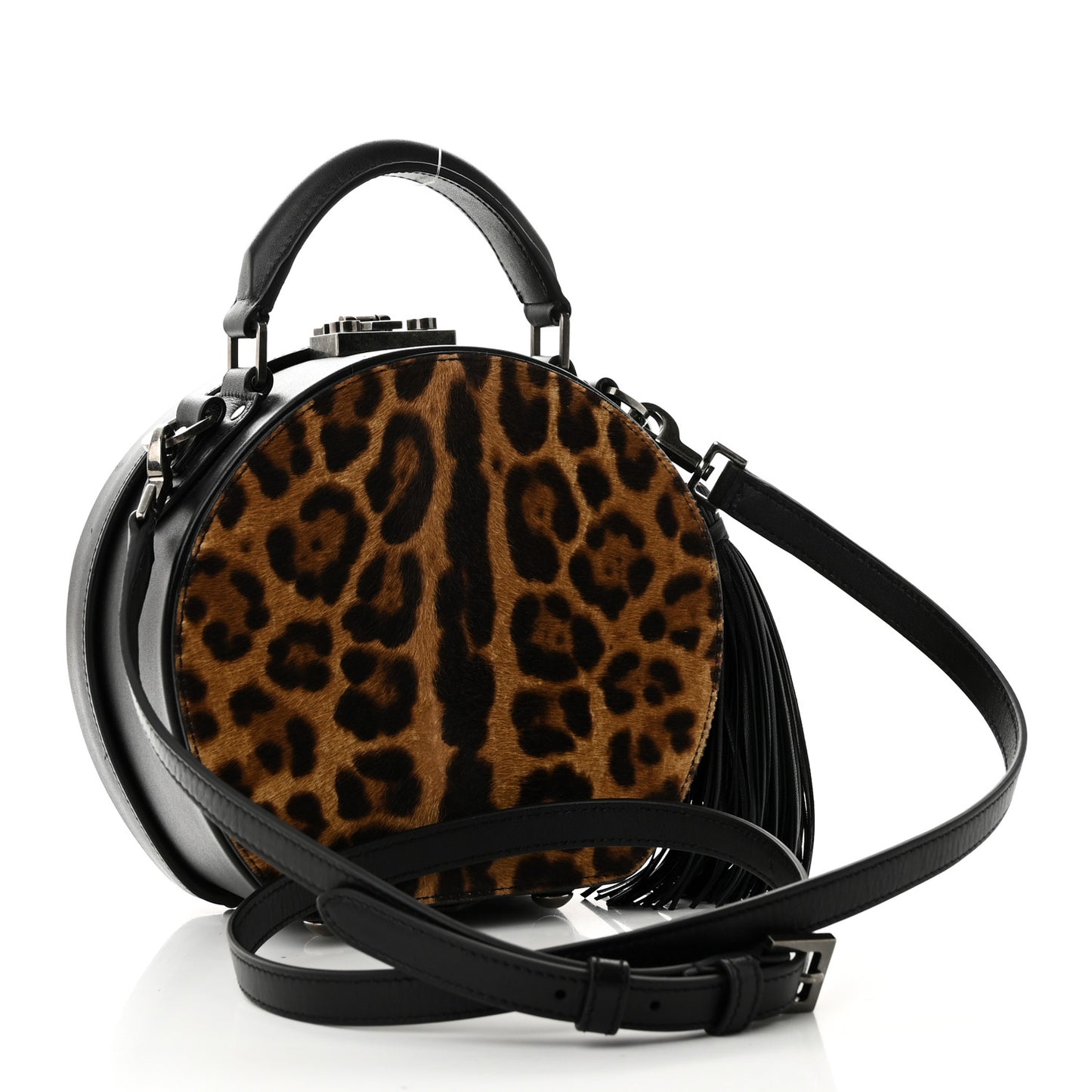 Calf Hair Leopard Print Mica Hat Box Black Brown