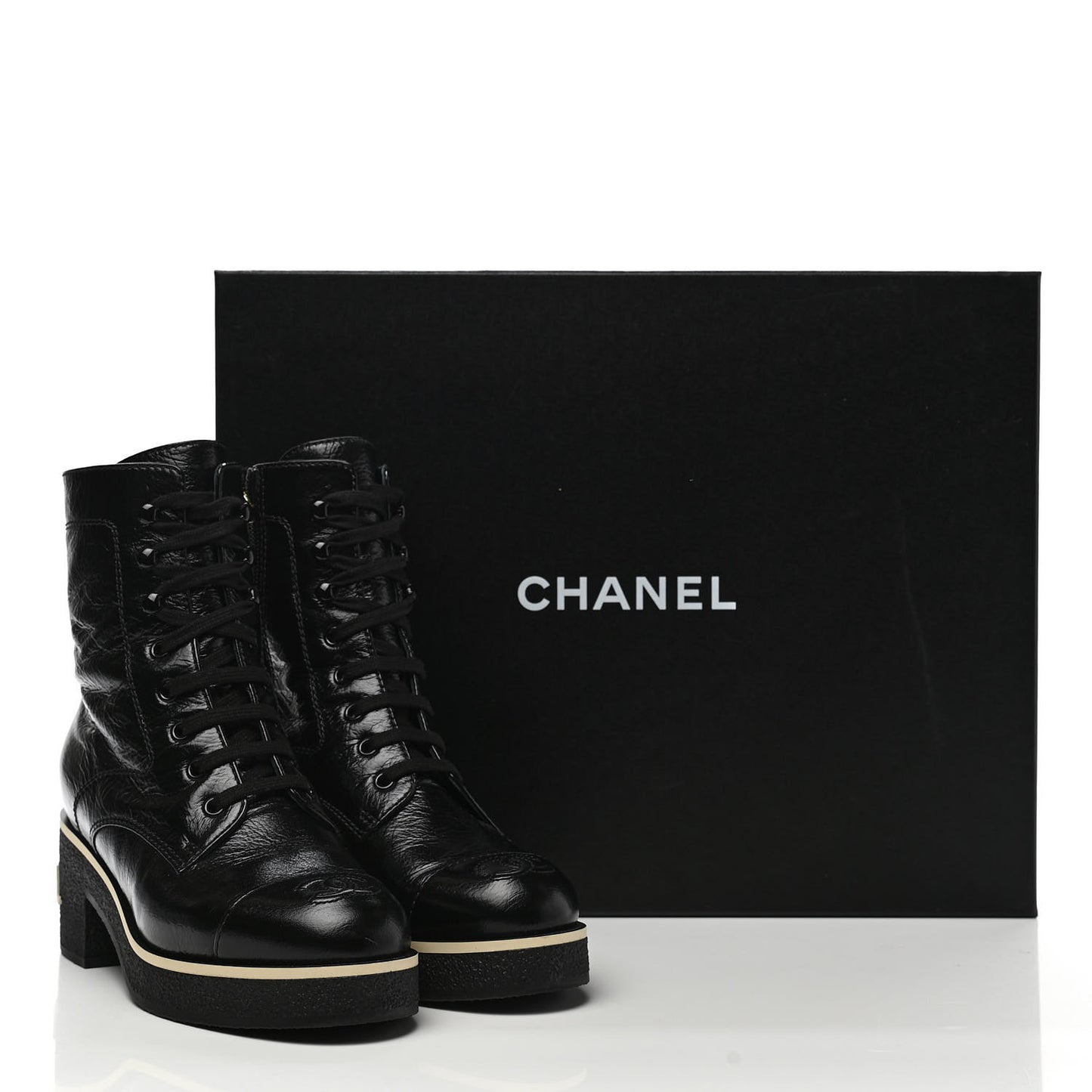 Shiny Crumpled Lambskin Lace Up Combat Boots 36 Black