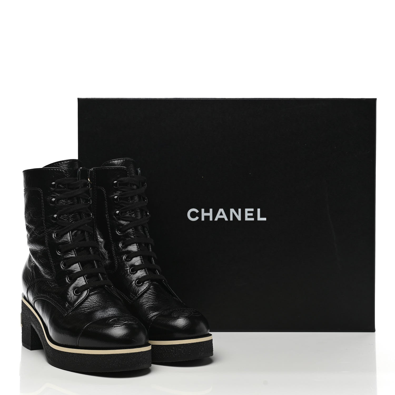 Chanel Shiny Crumpled Lambskin Lace Up Combat Boots 36 Black 9 of 9