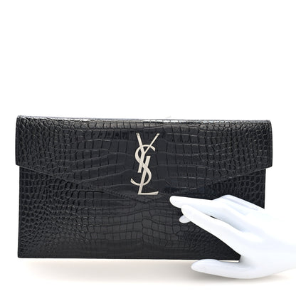 Saint Laurent Calfskin Crocodile Embossed Uptown Monogram Pouch Black 2 of 6