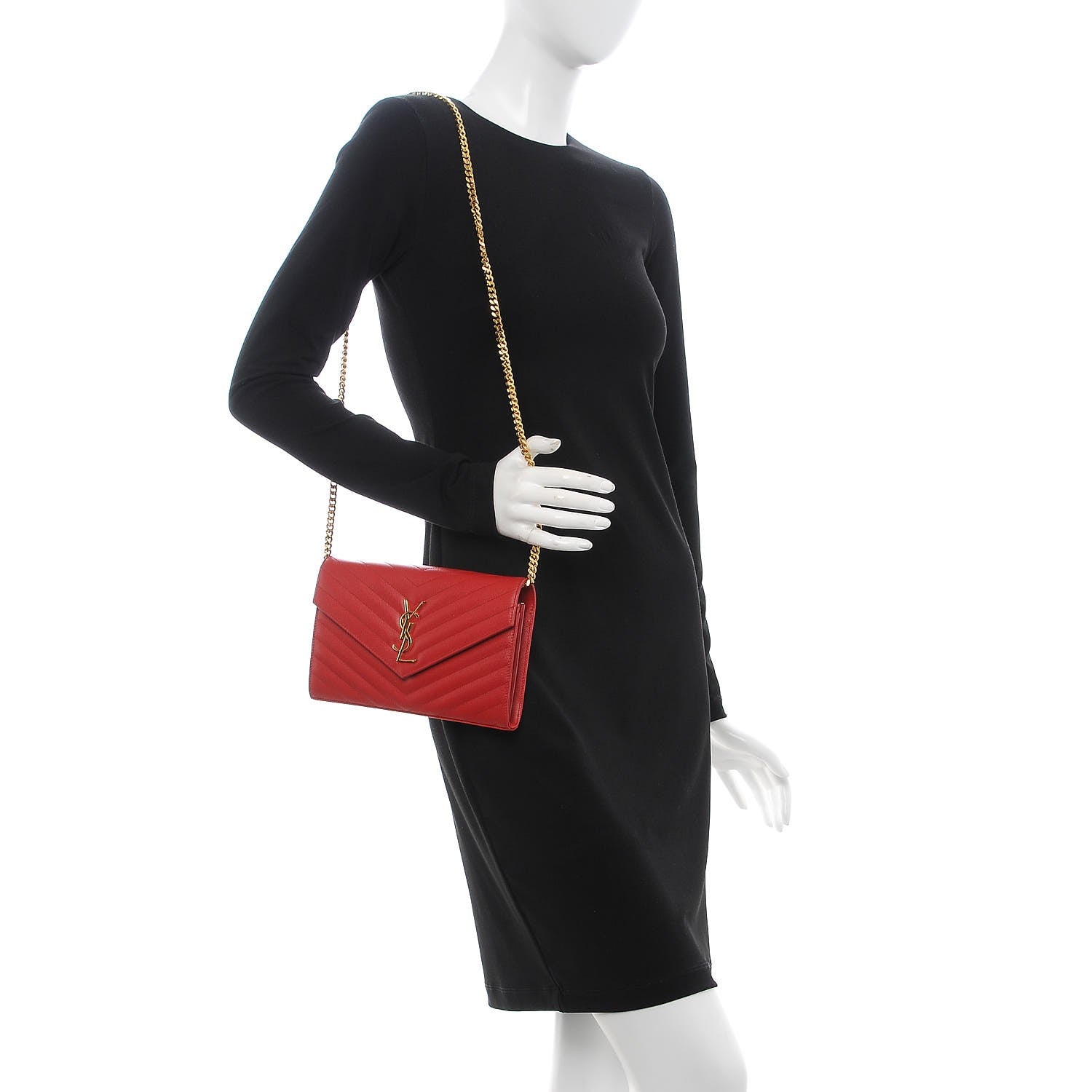 Saint Laurent Grain De Poudre Matelasse Chevron Monogram Chain Wallet New Red 2 of 8