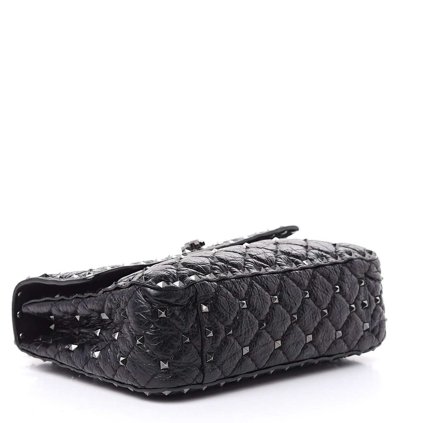 Craquele Nappa Medium Rockstud Spike Shoulder Bag Black