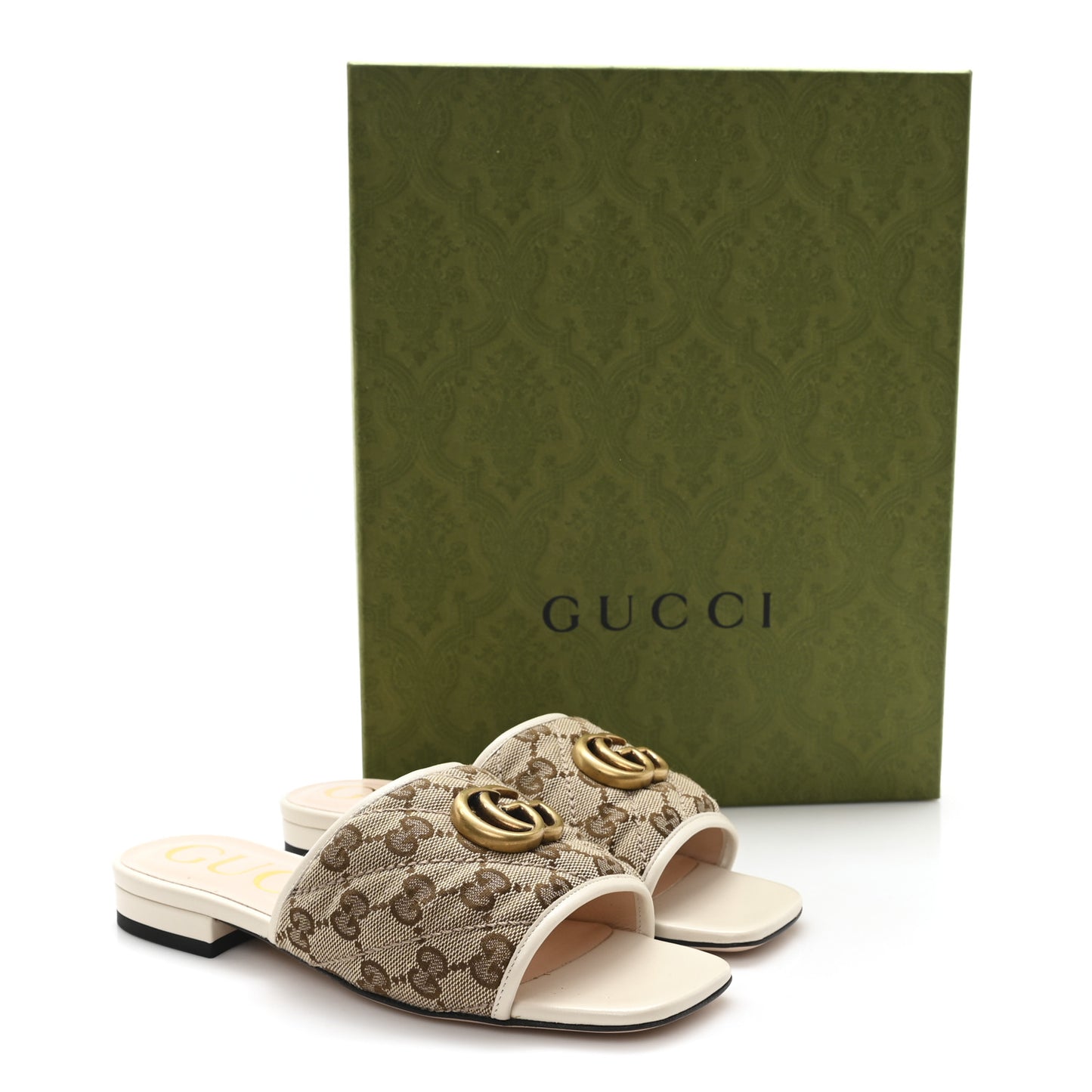 Monogram Matelasse Diagonal GG Marmont Flat Slide Sandals  35 Beige Ebony Mystic White