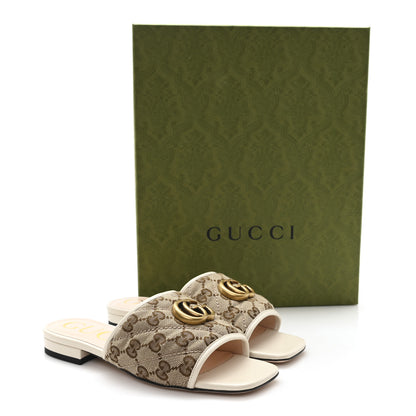 Gucci Monogram Matelasse Diagonal GG Marmont Flat Slide Sandals  35 Beige Ebony Mystic White 10 of 10