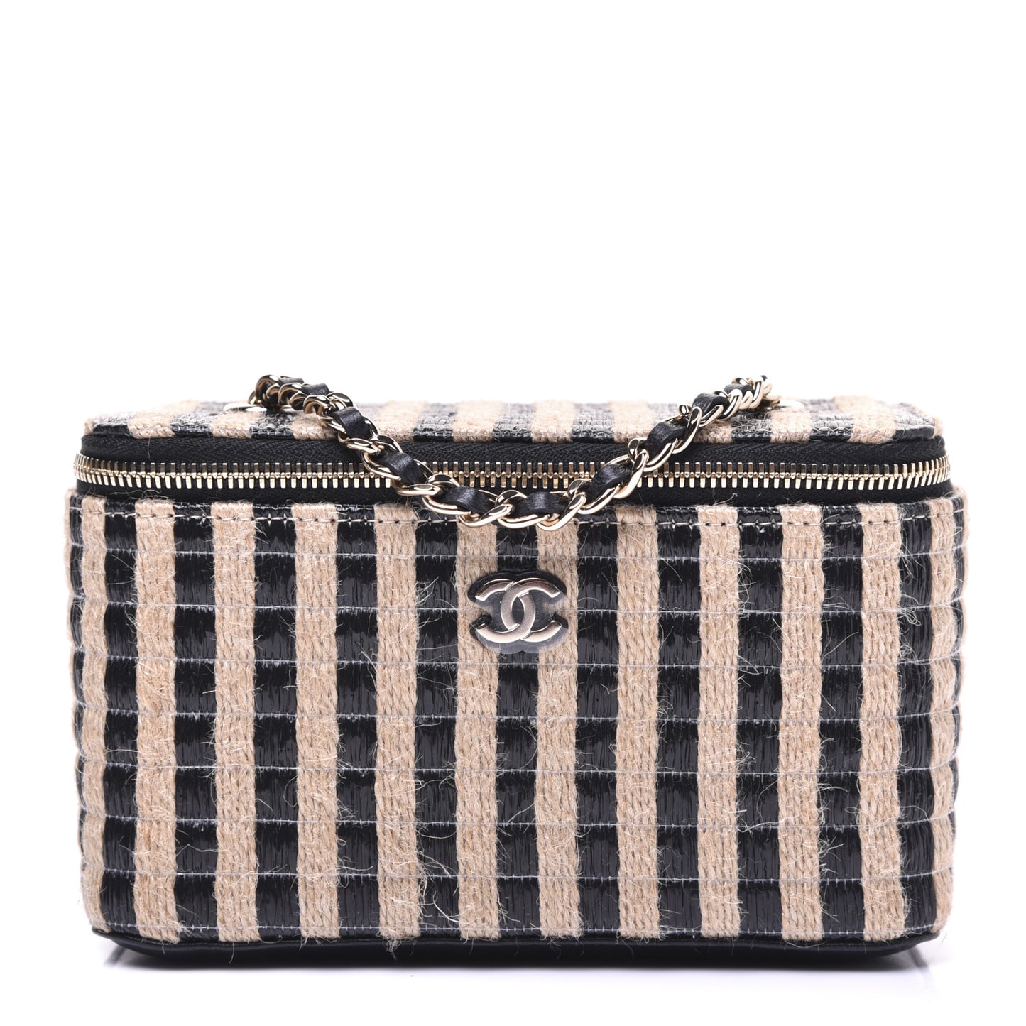 Raffia Jute Striped Small Vanity Case With Chain Black Beige