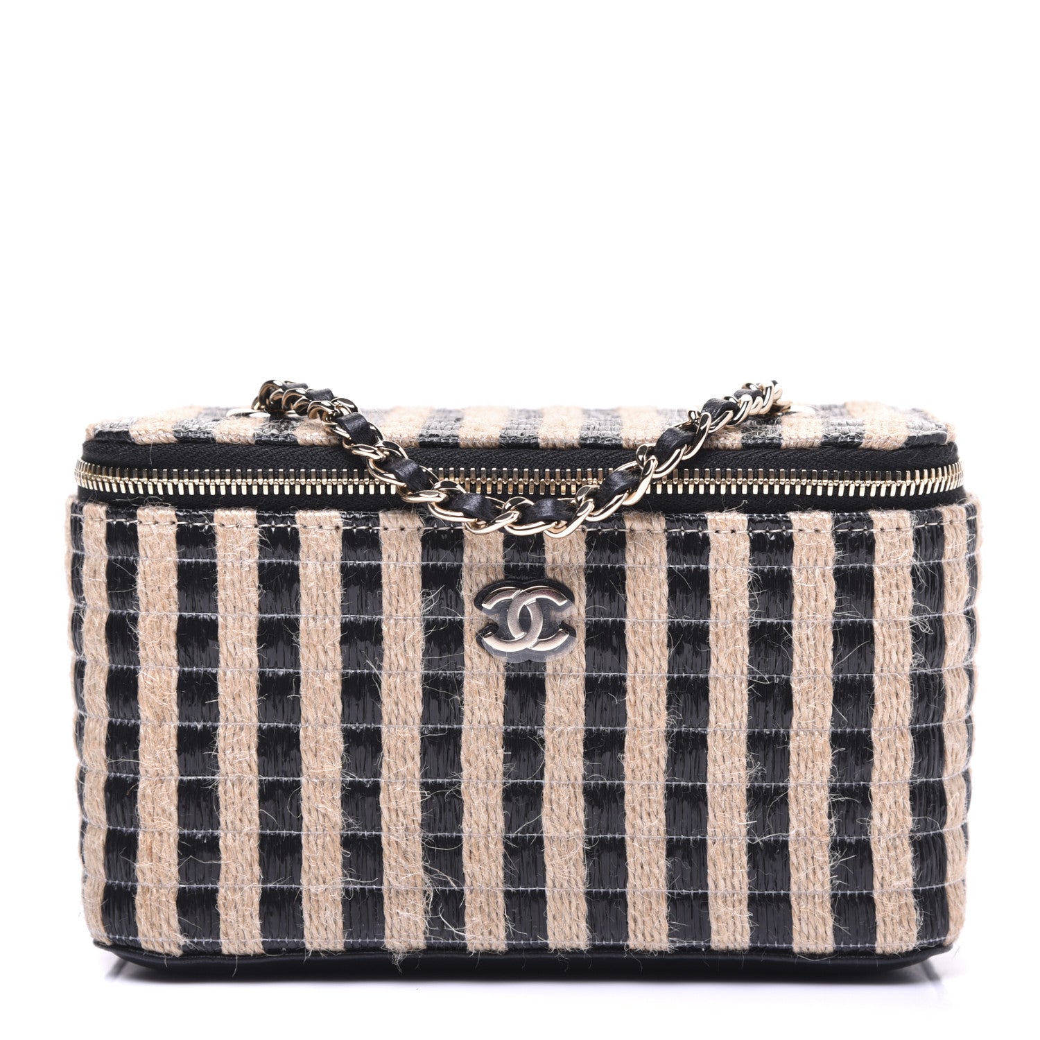 Chanel Raffia Jute Striped Small Vanity Case With Chain Black Beige 1 of 25