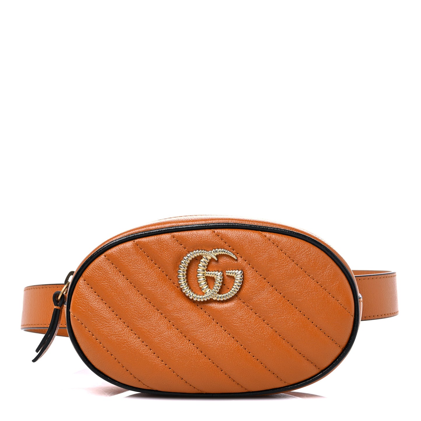 Vintage Effect Calfskin Matelasse Diagonal Torchon GG Marmont Belt Bag 85 34 Cognac