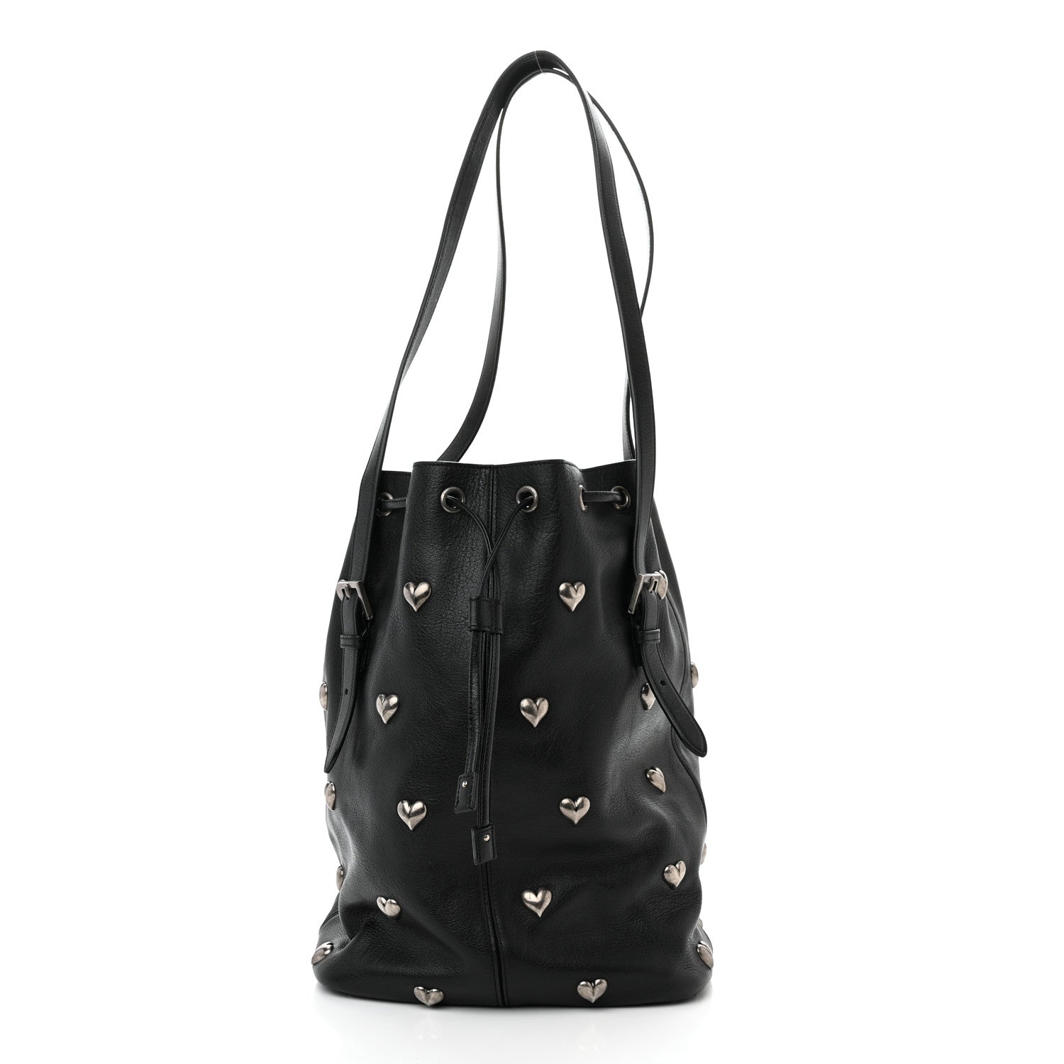 Saint Laurent Lambskin Medium Heart Studded Riva Bucket Bag Black 3 of 11