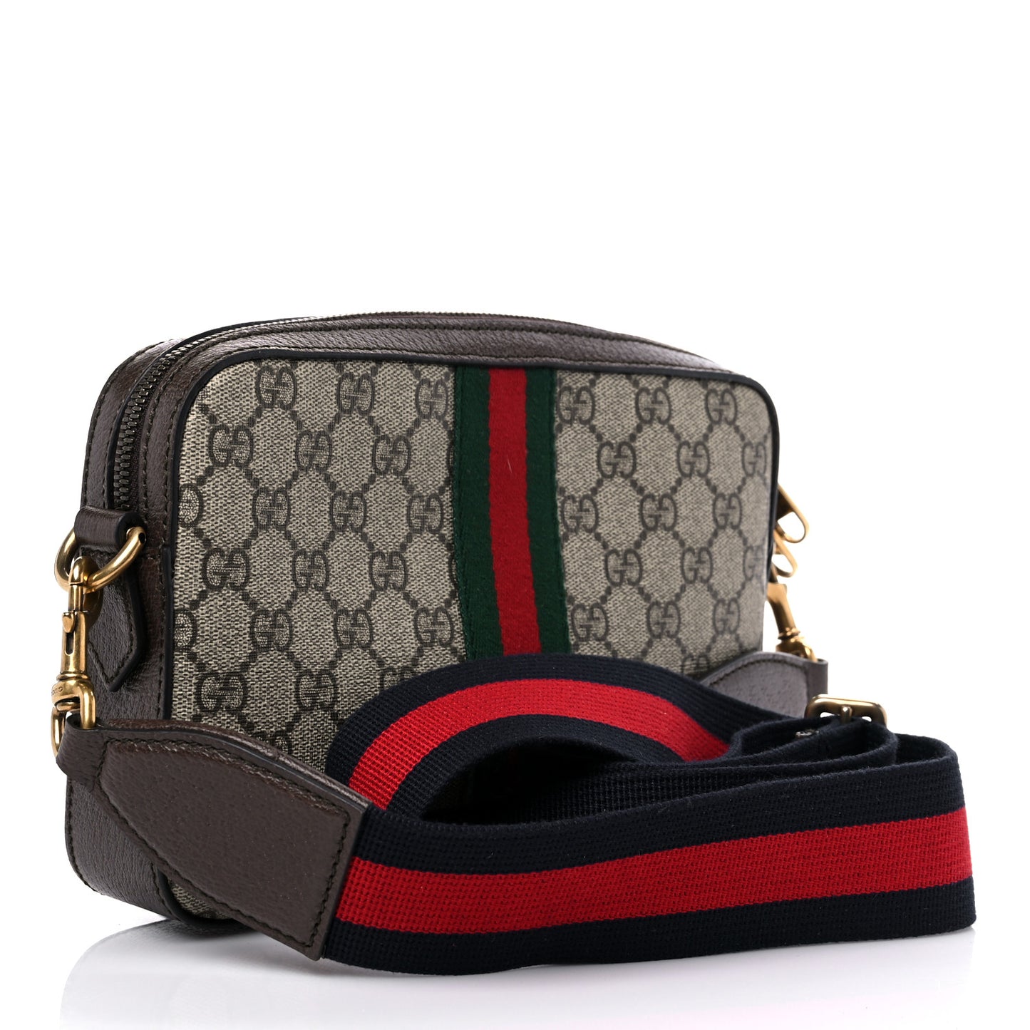GG Supreme Monogram Textured Dollar Calfskin Web Ophidia Wristlet Shoulder Bag Beige Ebony New Acero
