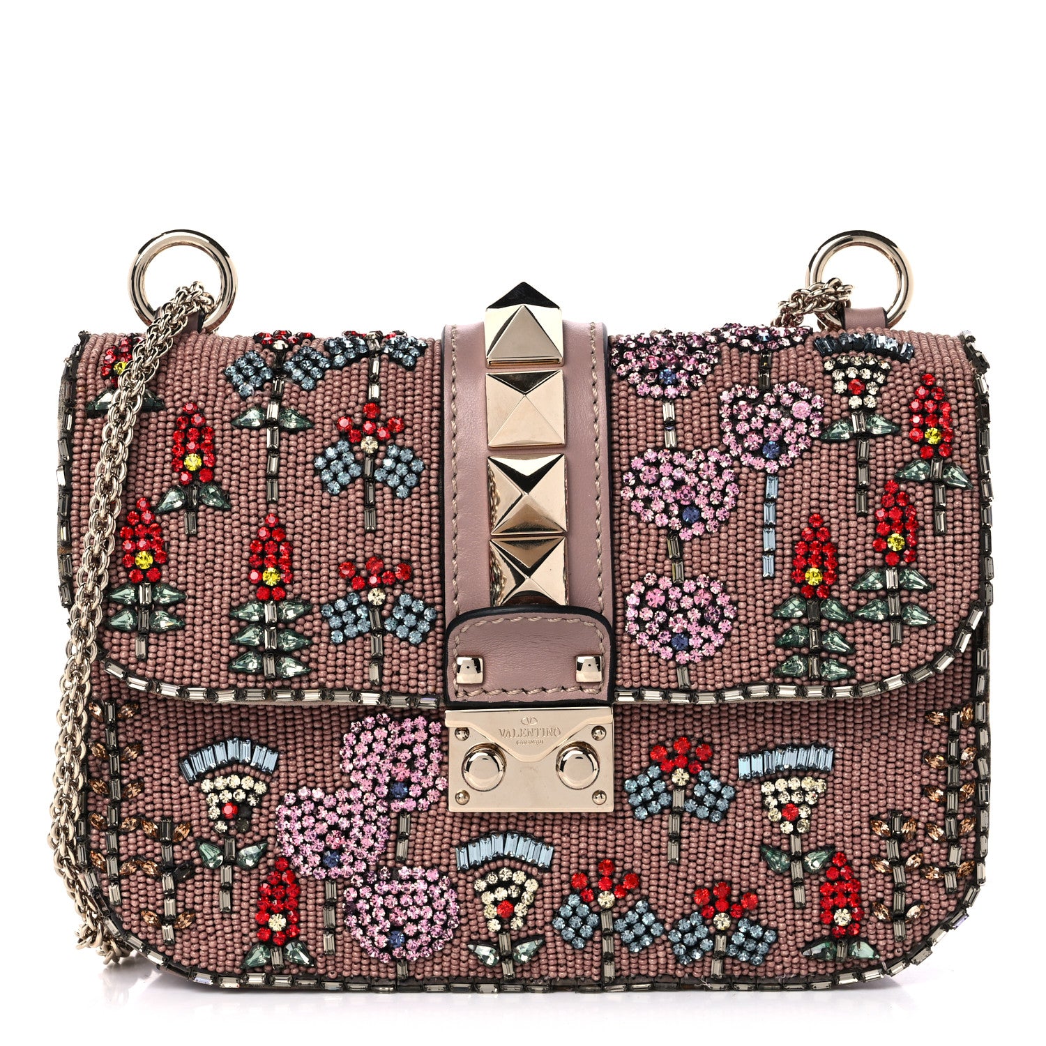 Valentino Garavani Vitello Beaded Small Glam Lock Rockstud Flap Poudre 1 of 10