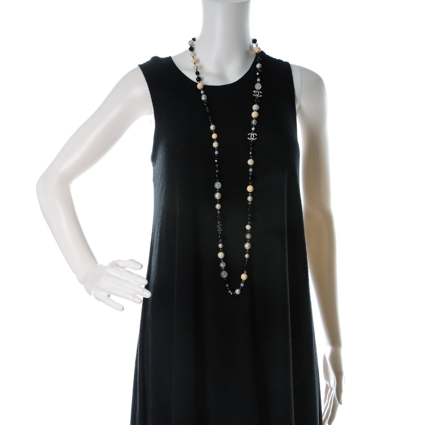 Pearl Crystal Bead CC Long Necklace Black