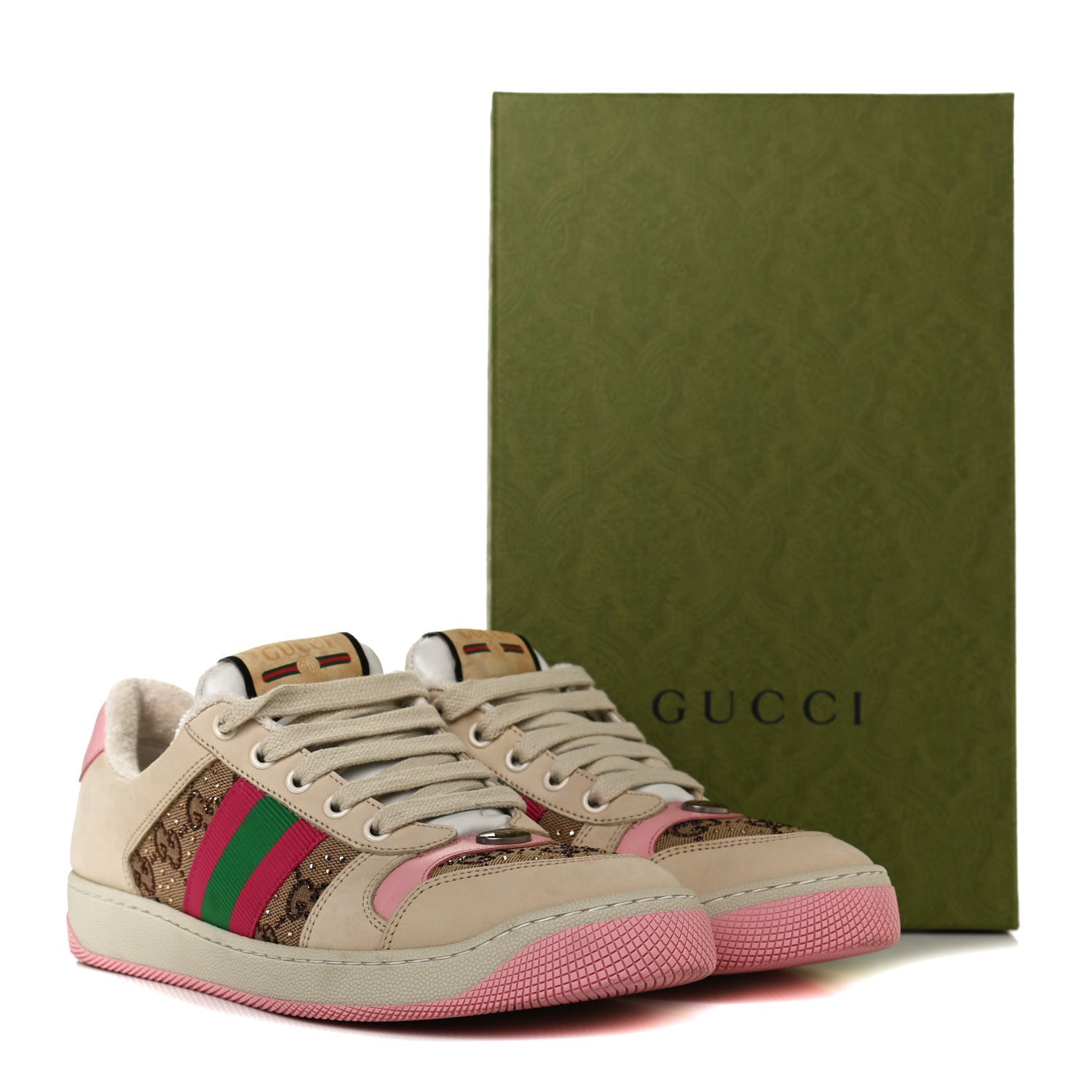 Gucci New GG Monogram Nubuck Web Crystal Embellished Womens Screener Sneakers 38 Camel Ebony Wild Rose 12 of 12