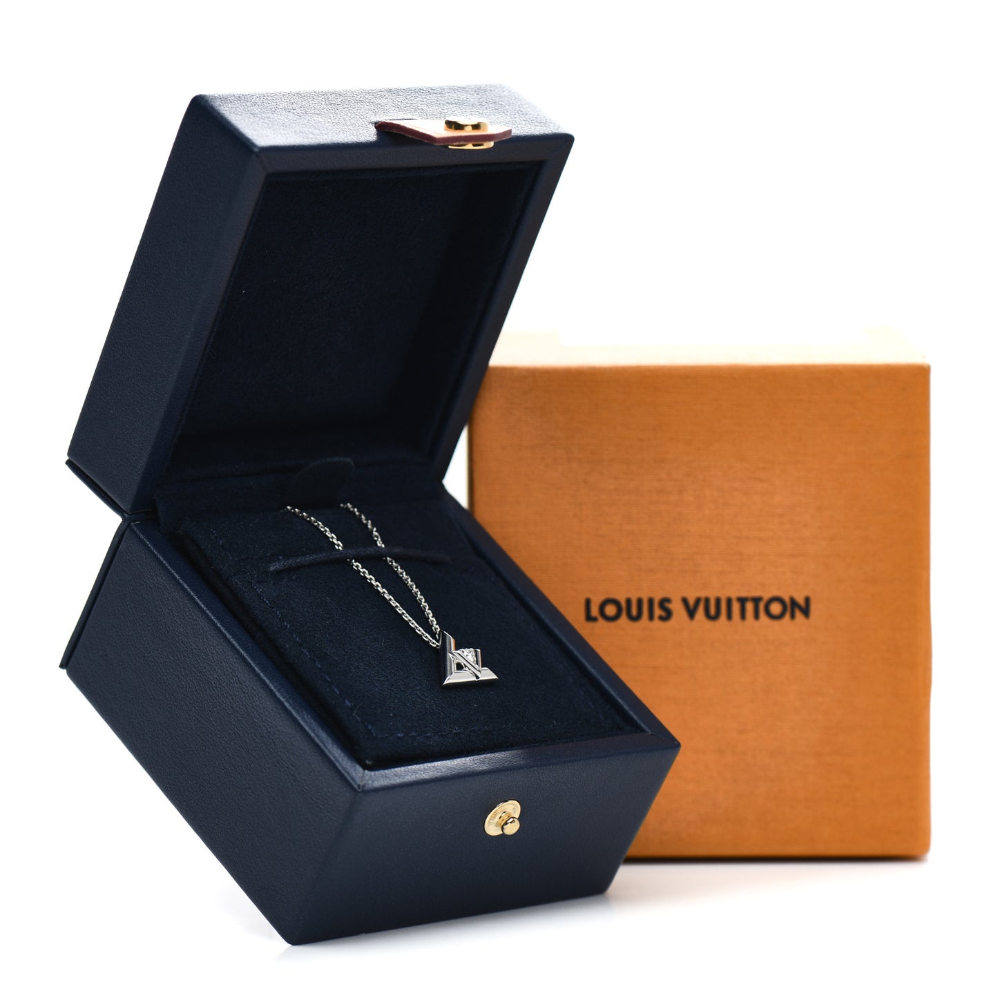 18K White Gold Diamond Small LV Volt One Pendant Necklace