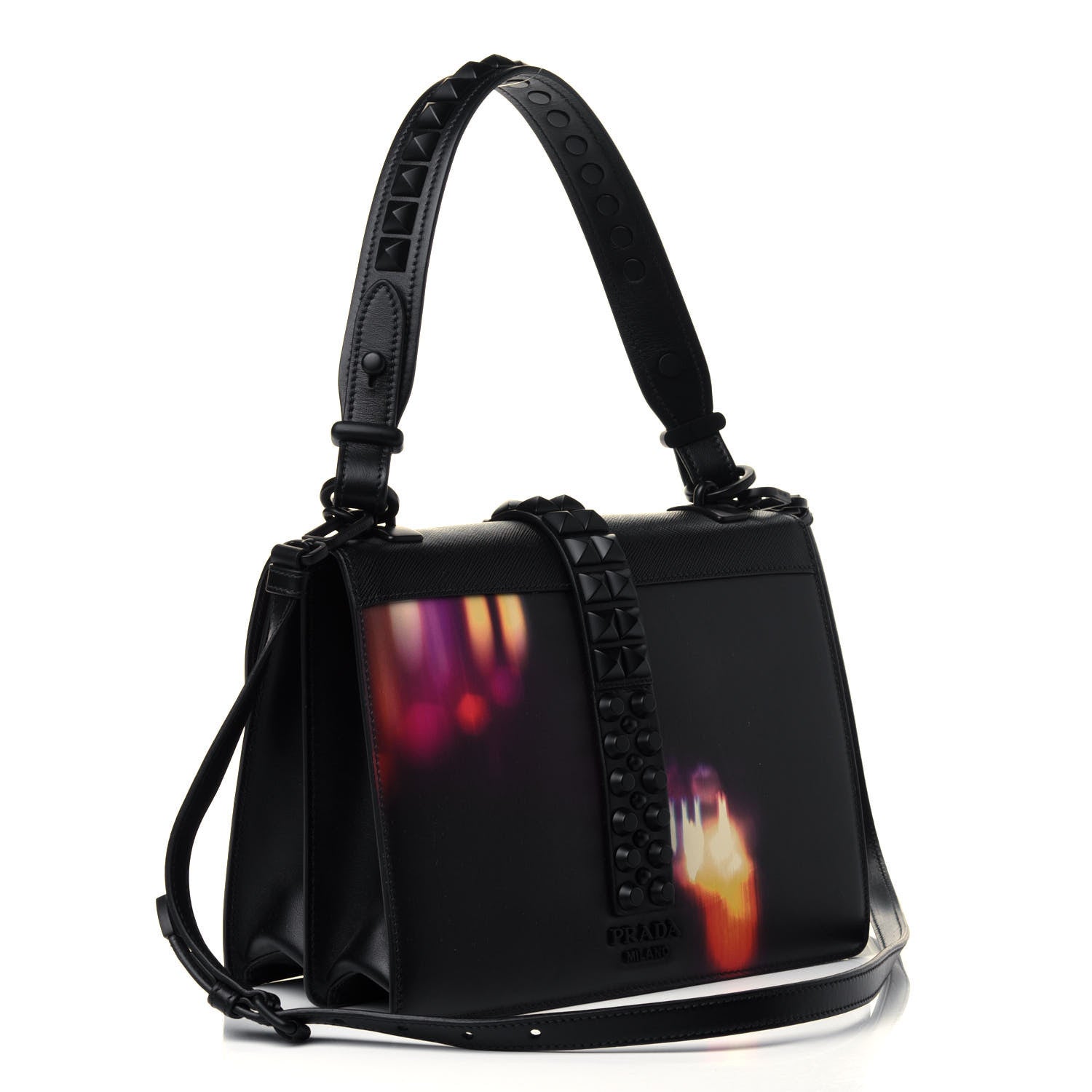 Prada Saffiano City Lights Print Studded Elektra Shoulder Bag Black Fuxia 2 of 4