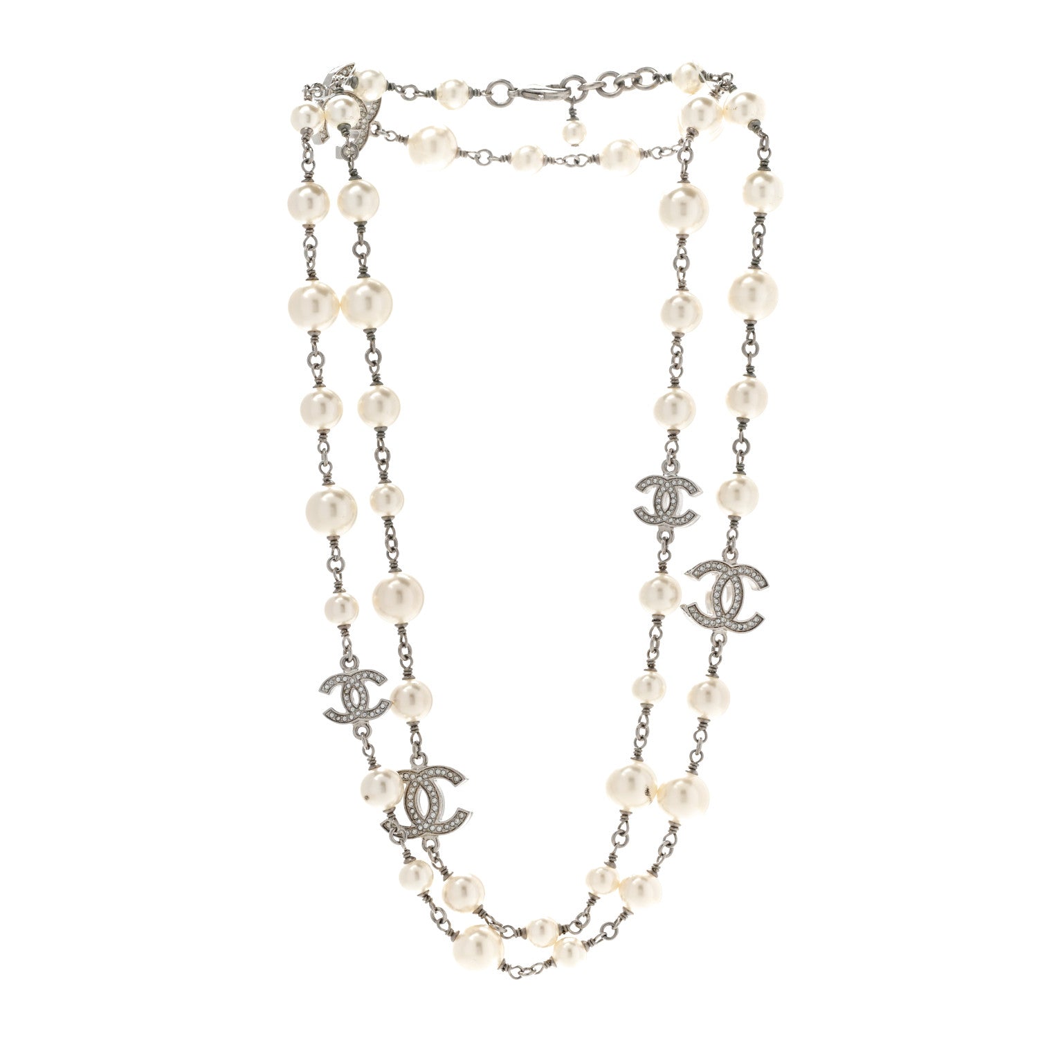 Chanel Graduated Pearl Crystal CC Long Necklace Silver 3 of 8