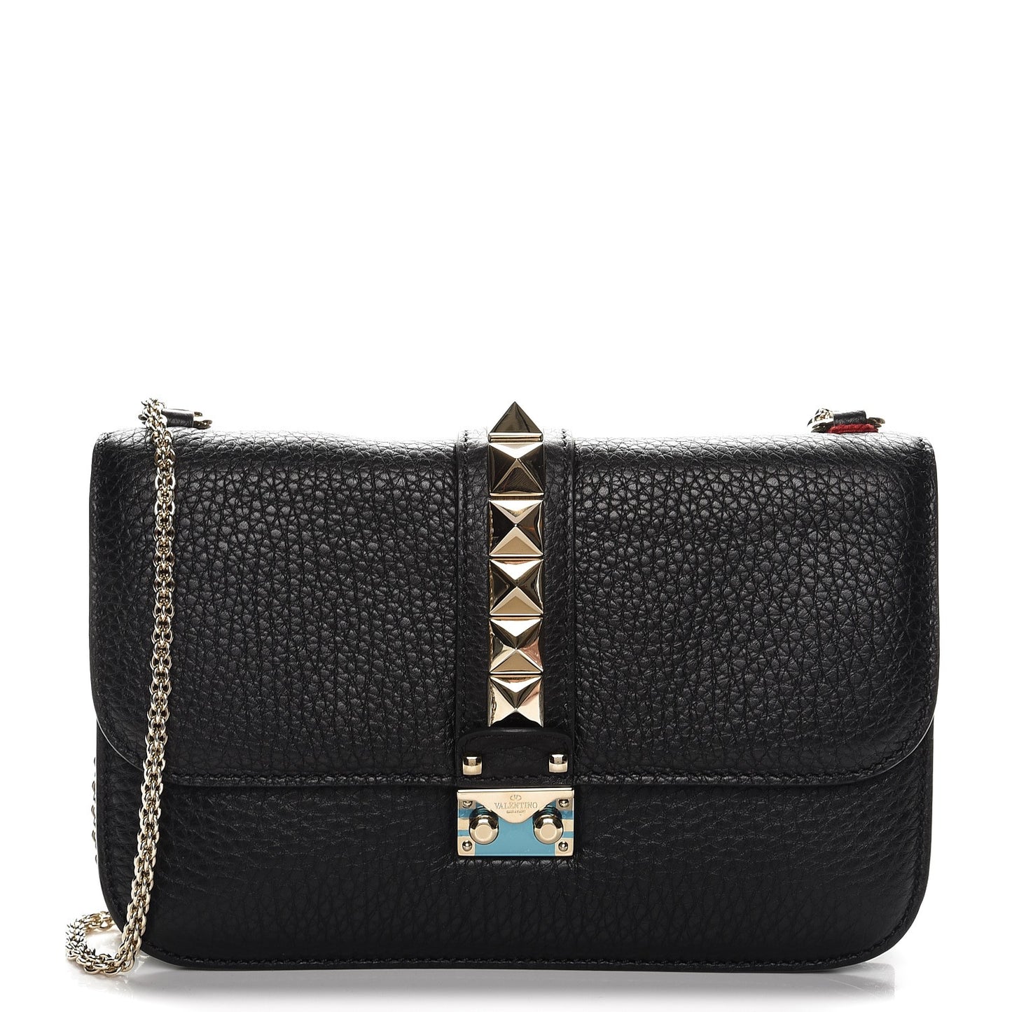 Pebbled Calfskin Medium Glam Lock Rockstud Flap Black