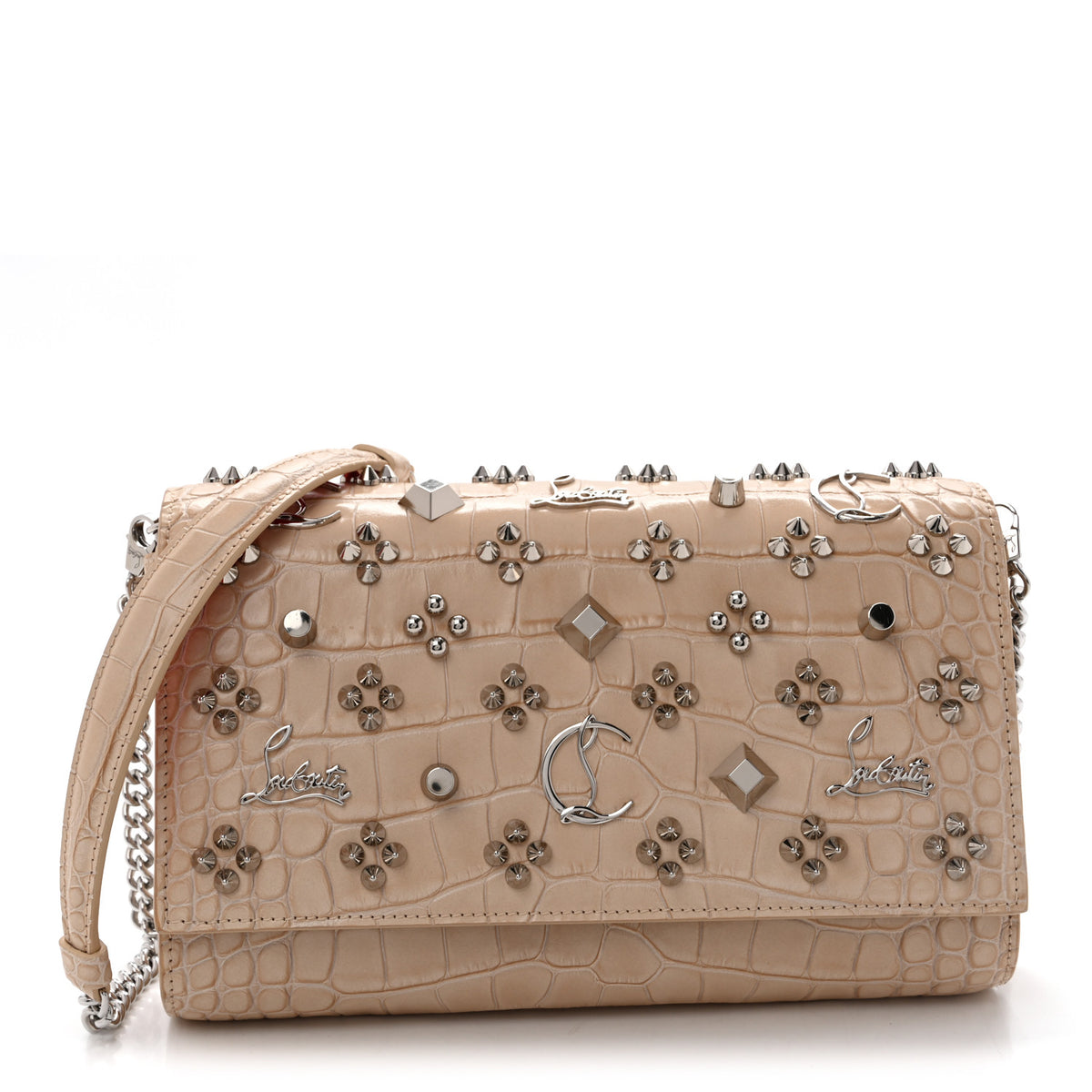 Calfskin Crocodile Embossed Spikes Loubinthesky Paloma Clutch Nougat