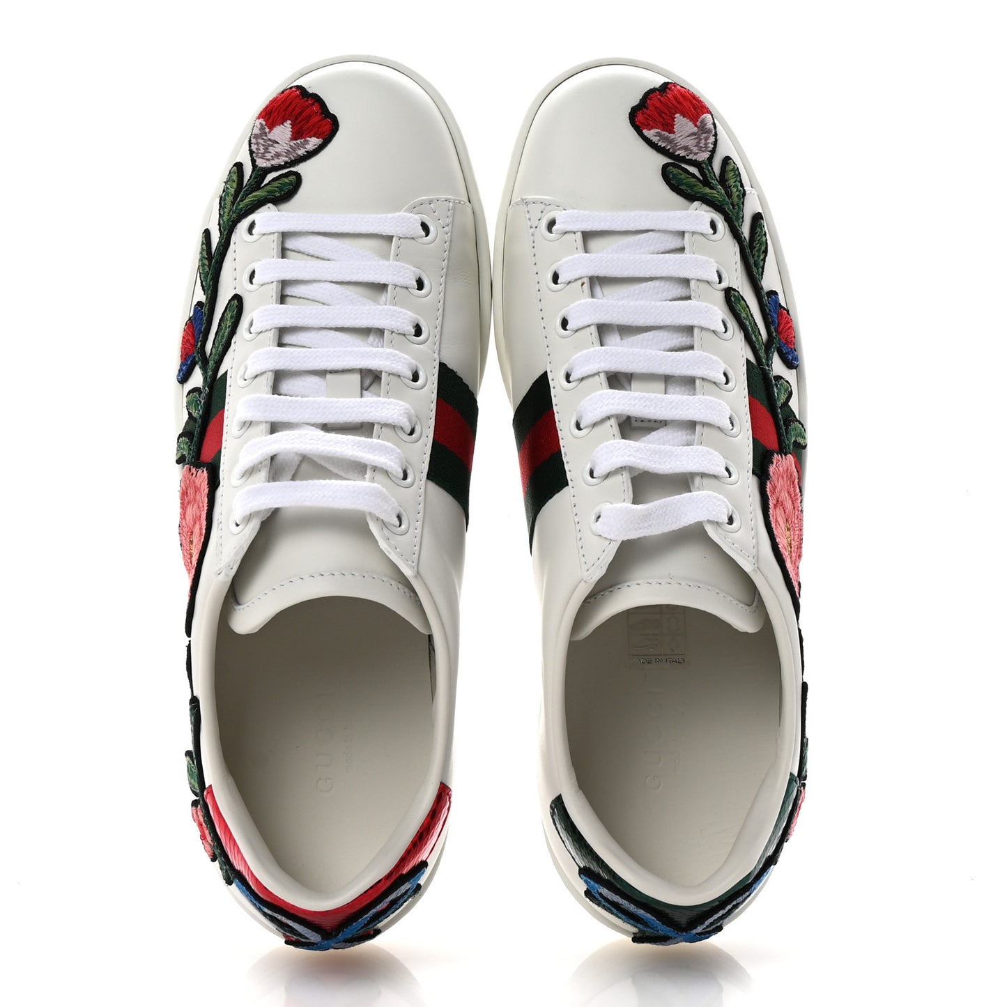 Calfskin Web Floral Embroidered Womens Ace Sneakers 37 White