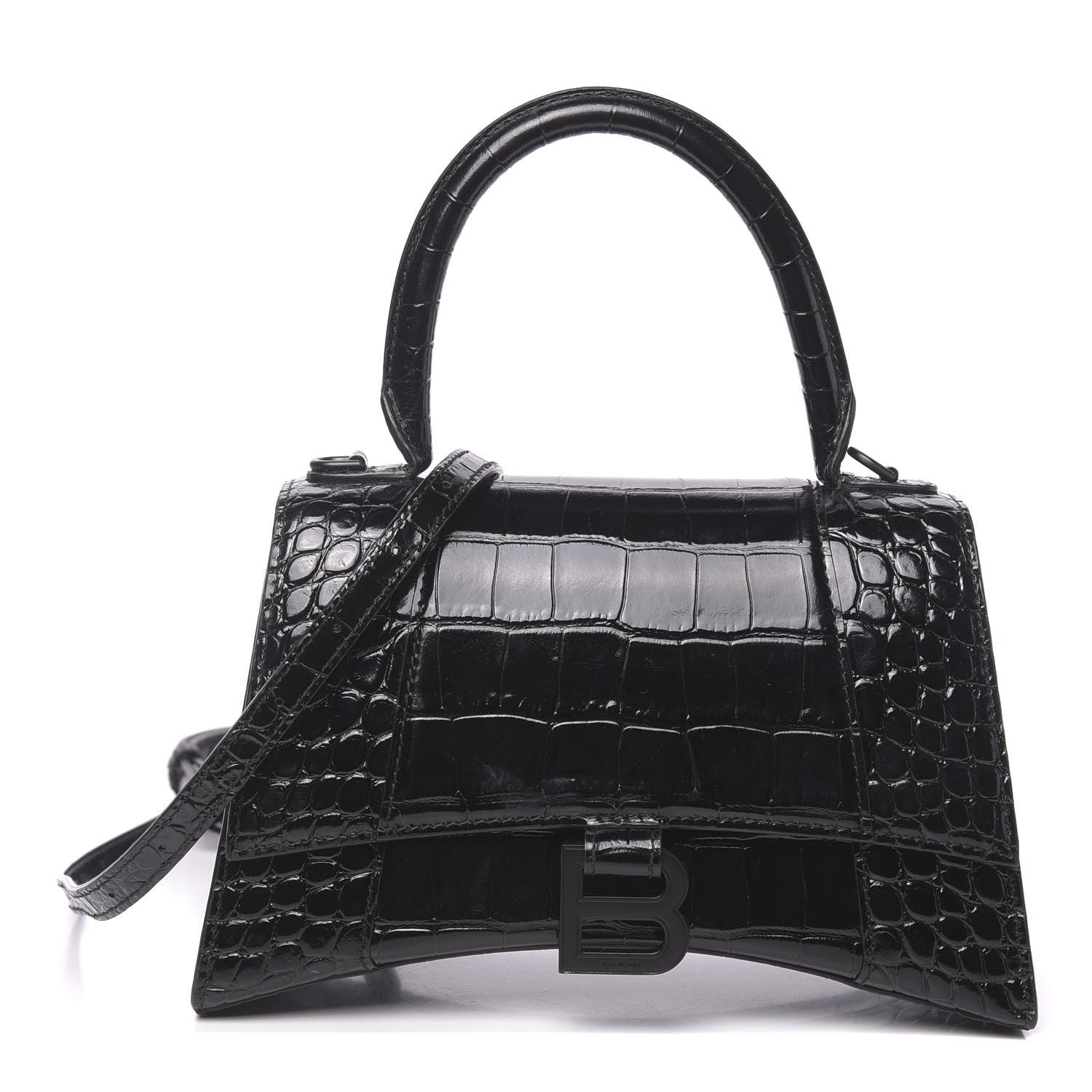 Balenciaga Shiny Calfskin Monochrome Crocodile Embossed Small Hourglass Top Handle Bag Black 1 of 9