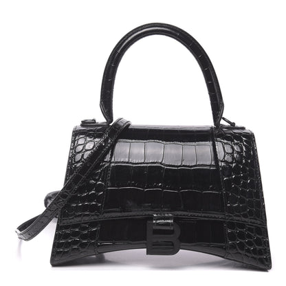 Balenciaga Shiny Calfskin Monochrome Crocodile Embossed Small Hourglass Top Handle Bag Black 1 of 9