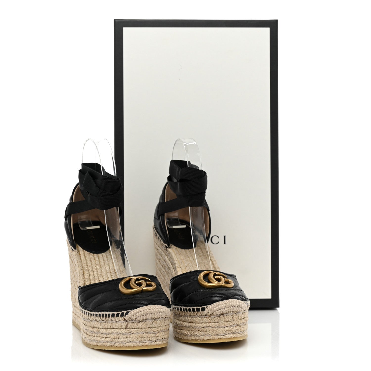 Gucci Nappa Matelasse GG Marmont Ankle Wrap Platform 35/120mm Espadrille Wedges 36 Black 11 of 11
