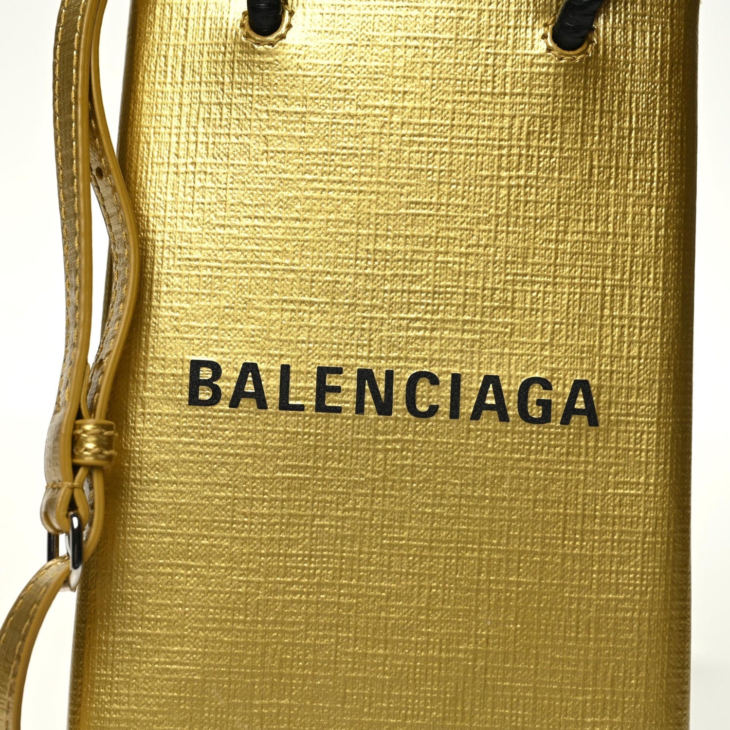 Balenciaga Metallic Textured Calfskin Logo Shopping Phone Holder Bag Gold 8 of 8