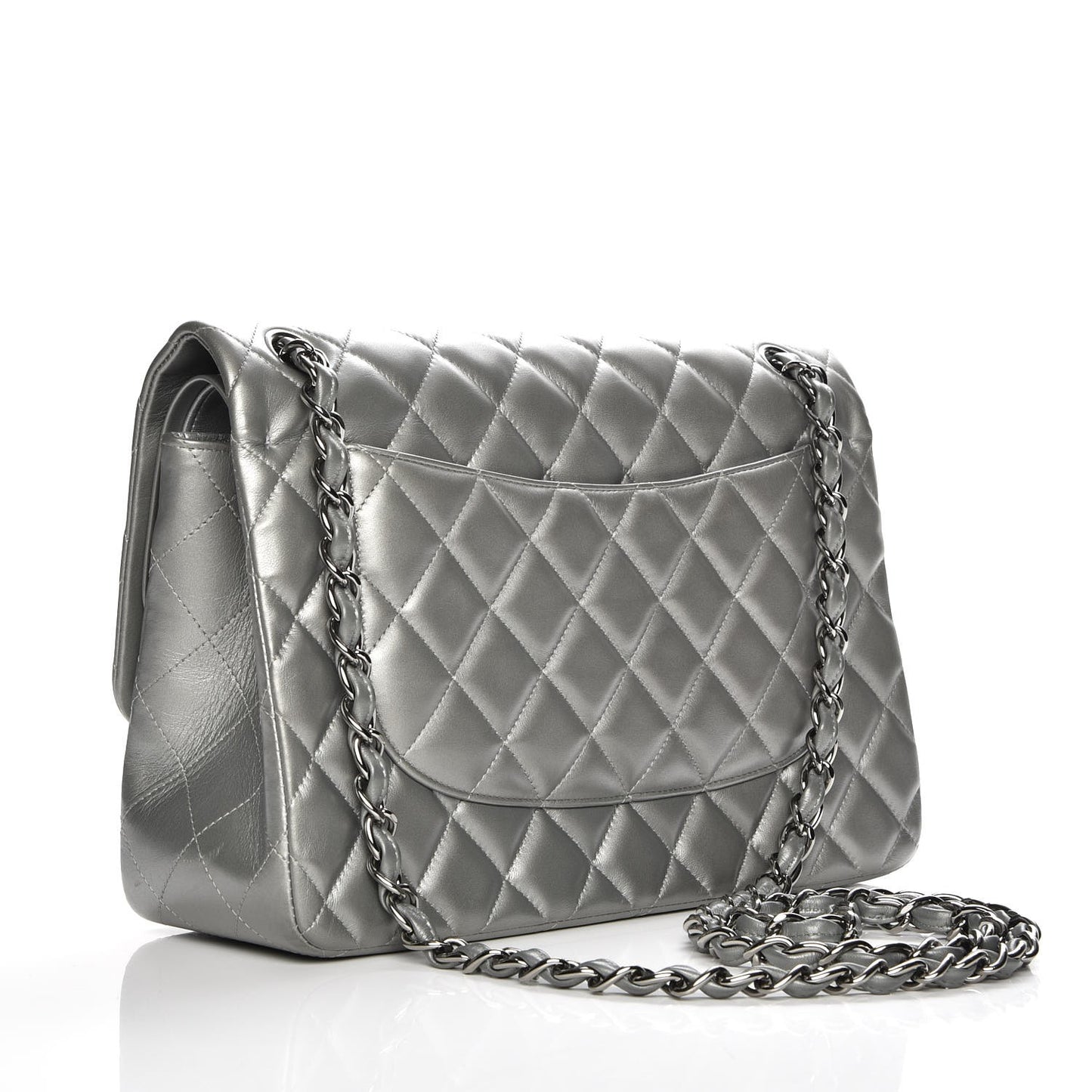 Metallic Lambskin Quilted Jumbo Double Flap Silver