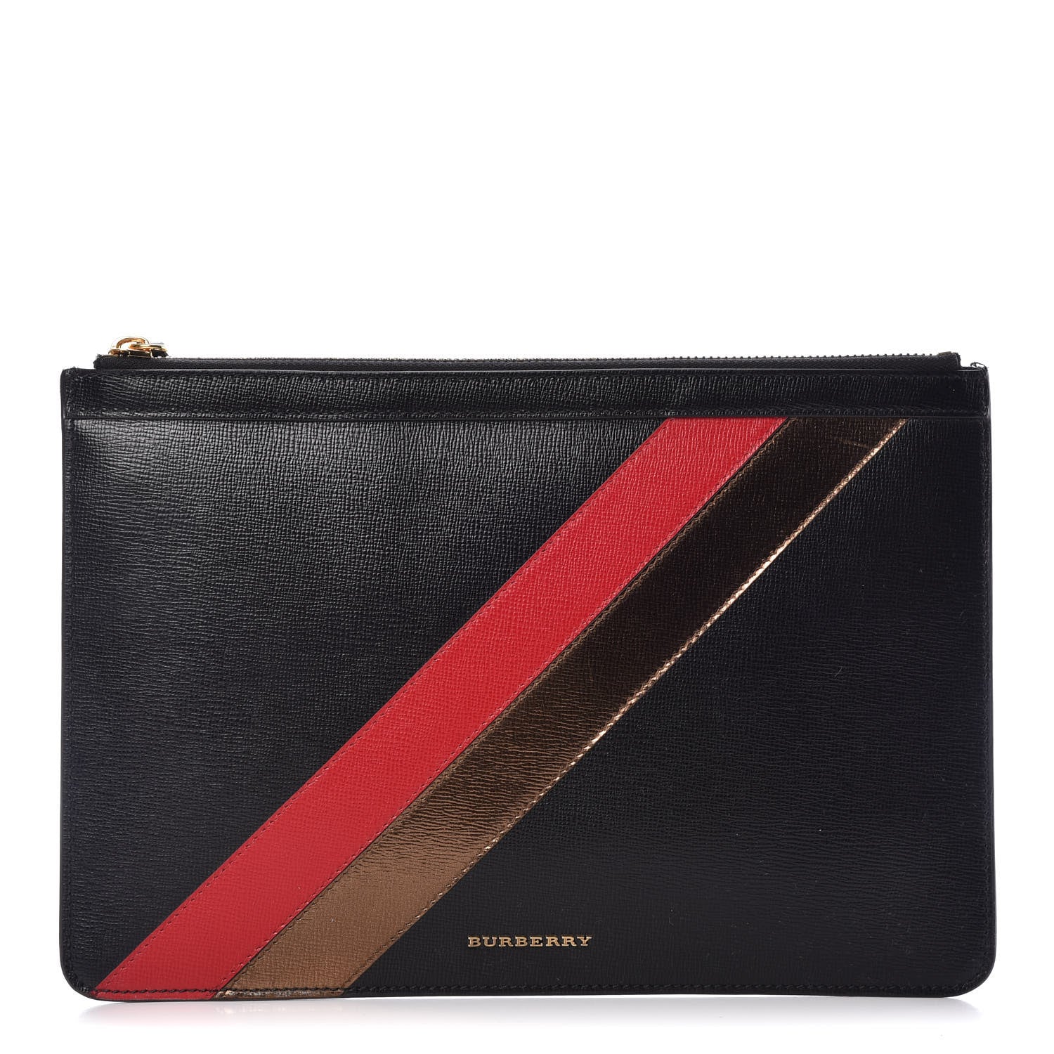 Burberry Metallic Grained Calfskin Striped Zip Pouch Black 1 of 6